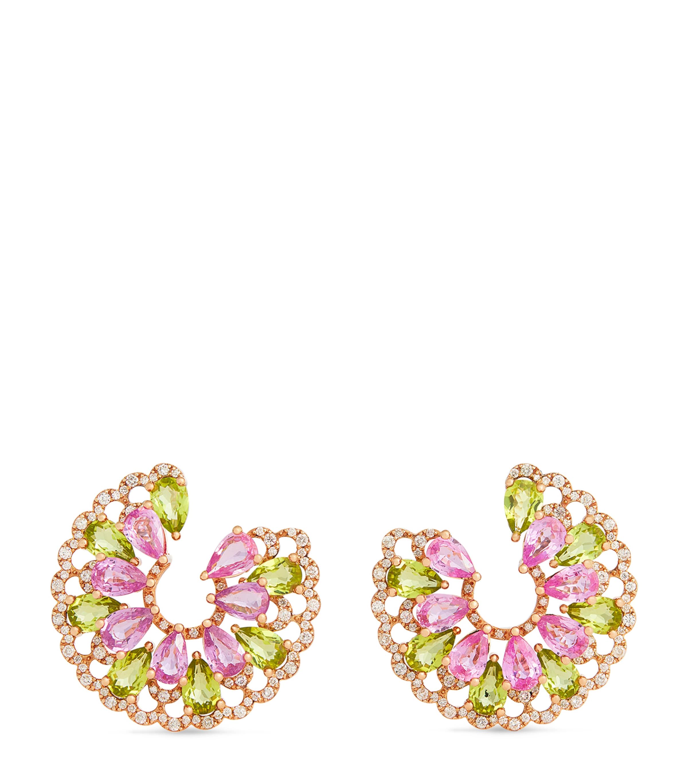 Bee Goddess Rose Gold, Diamond, Pink Sapphire And Peridot Secret Garden Peacock Earrings In Rose Gold