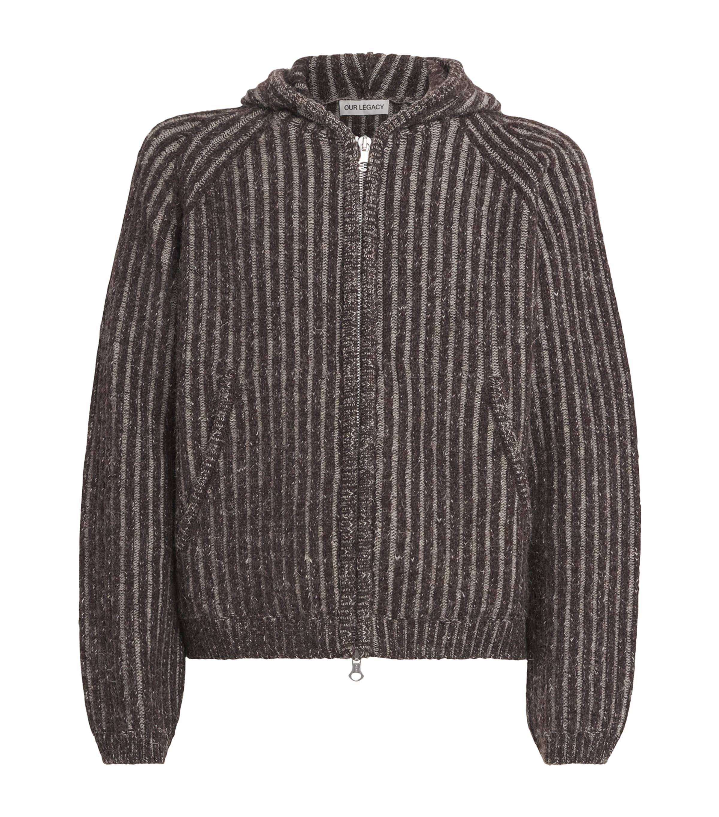 Our Legacy Mens Level Ribbed Wool Hoodie Vanise Brown Stripe In Gray