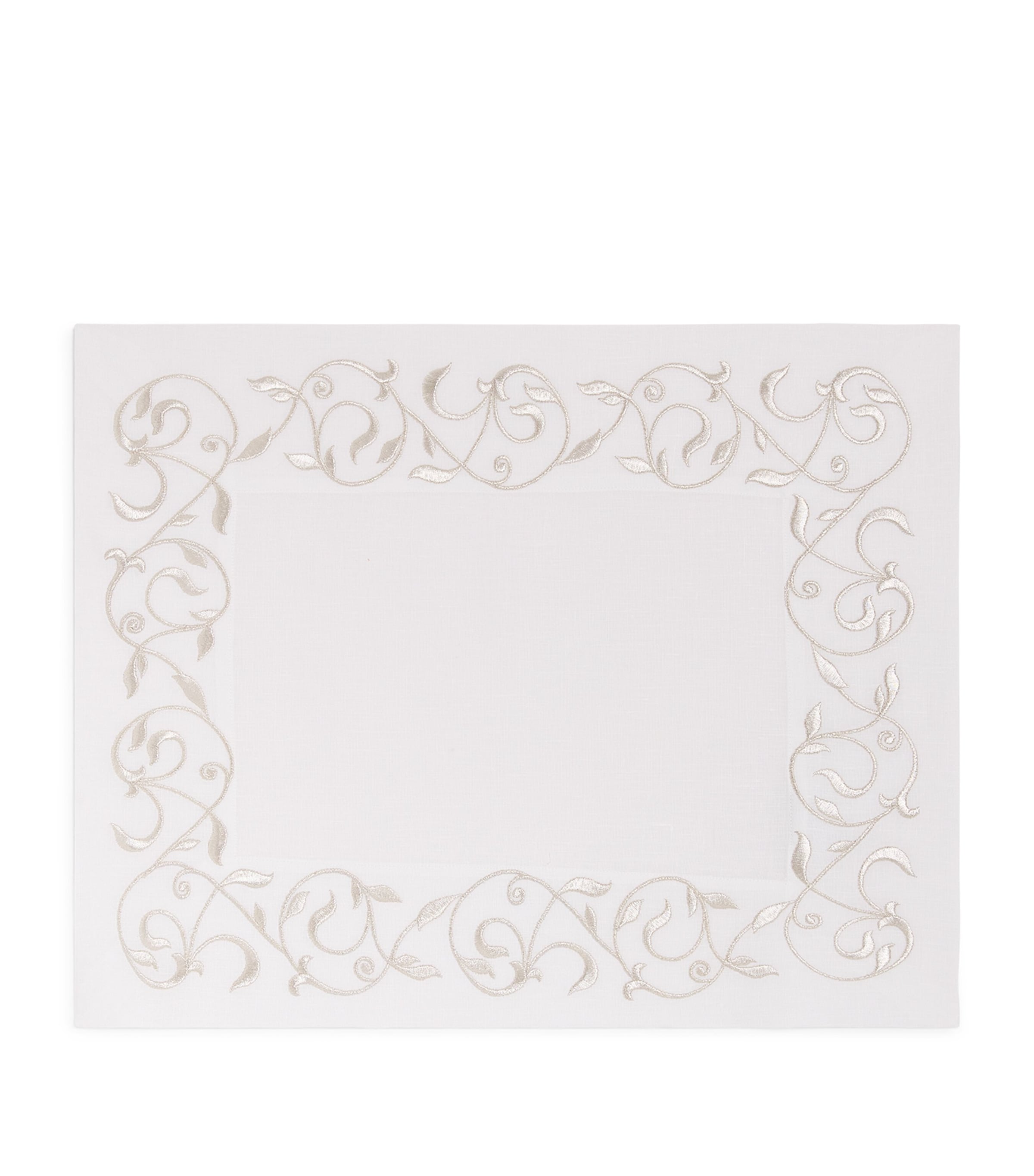 Linen Embroidered Scroll Placemat (35cm x 50cm) WHITE/SILVER Image 1