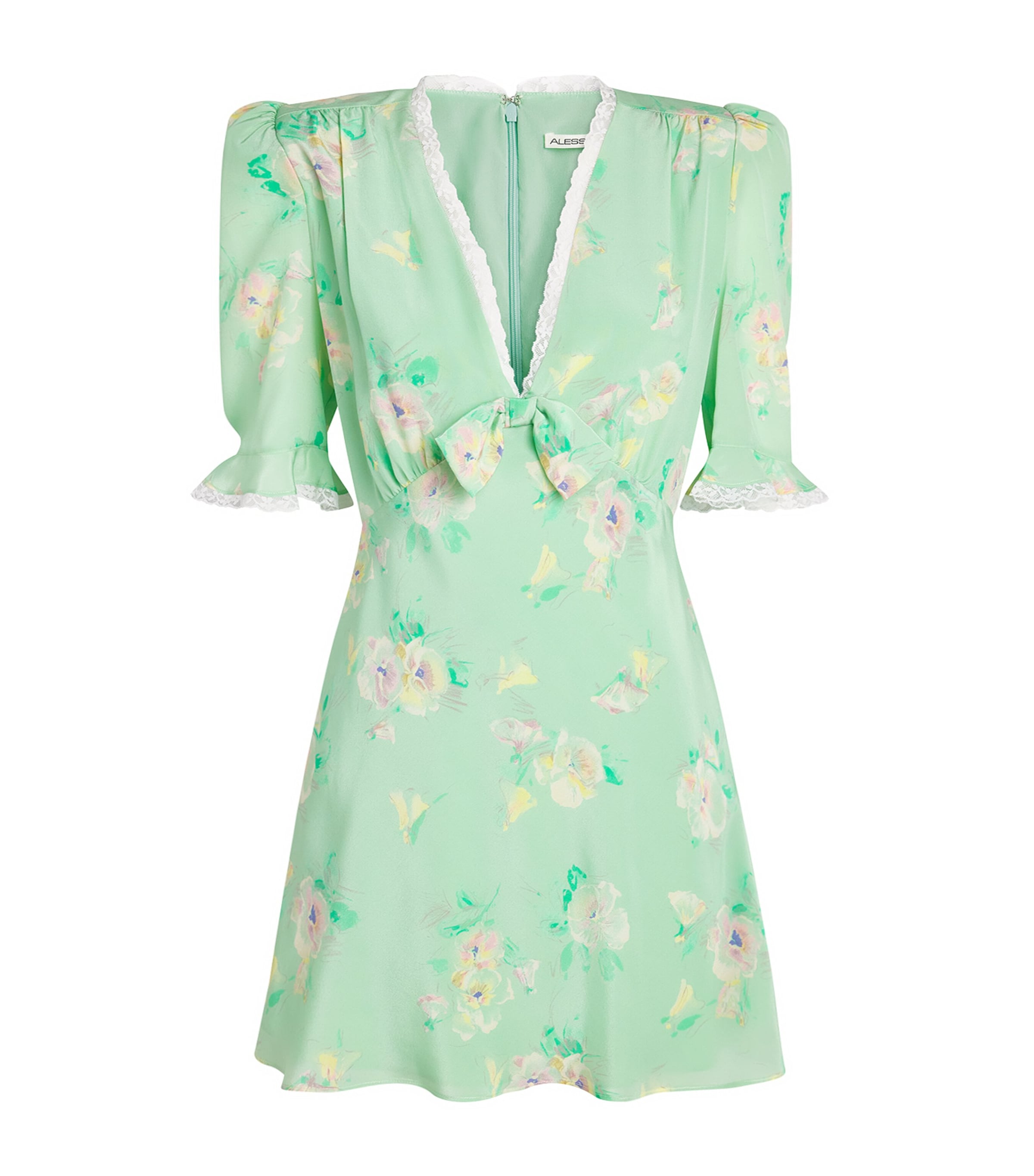 Alessandra Rich Womens Silk Lace-Trim Mini Dress Green Multi Image 1