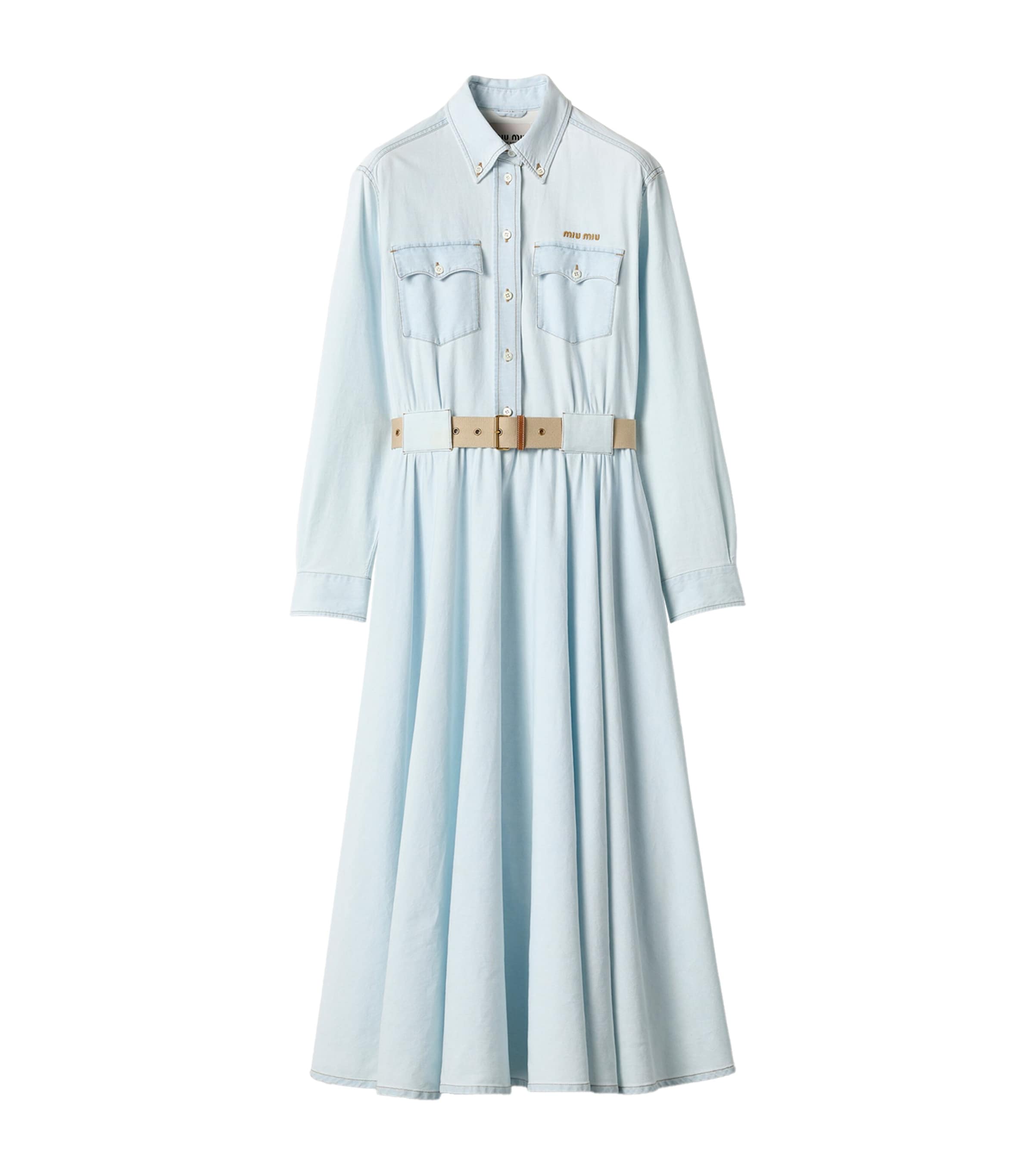 Miu Miu Womens Chambray Belted Midi Dress Image 1