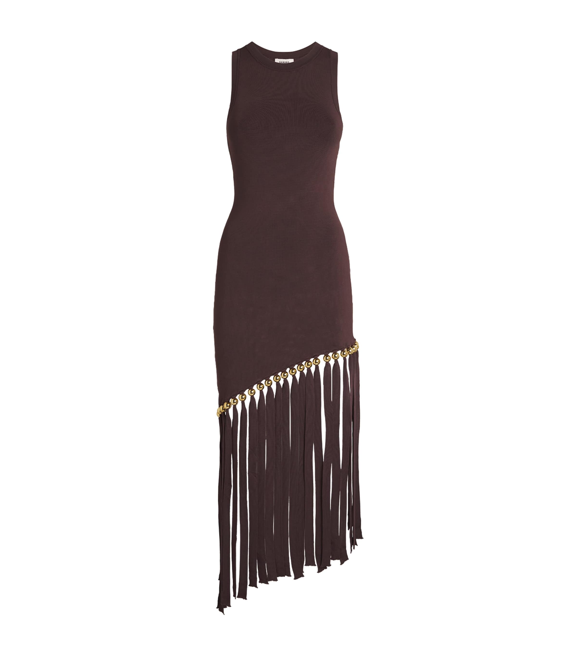 Sandro Swann Fringed And Beaded Knit Midi Dress In Brown