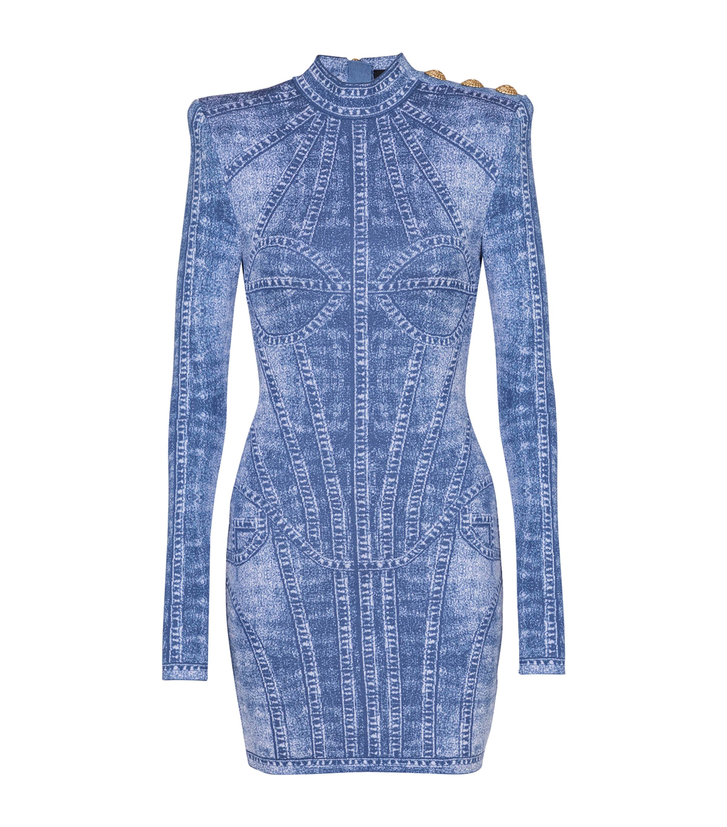 Shop Balmain Jacquard Denim-effect Mini Dress In Blue