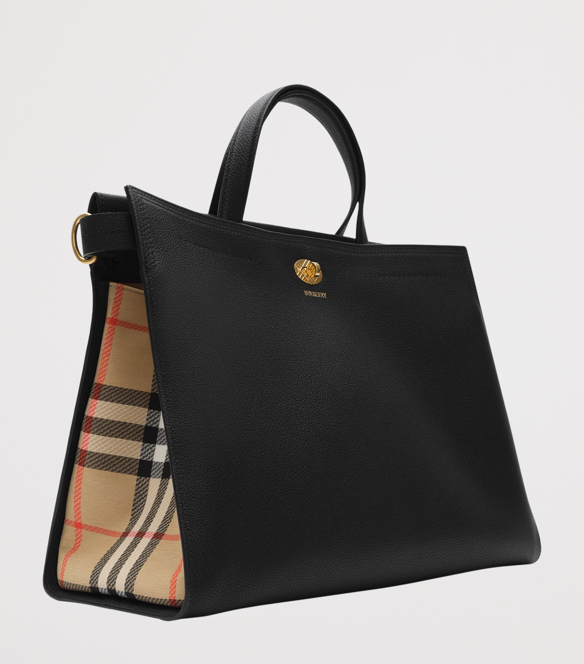 Burberry Medium Leather Cotswolds Check Tote Bag Black Image 4