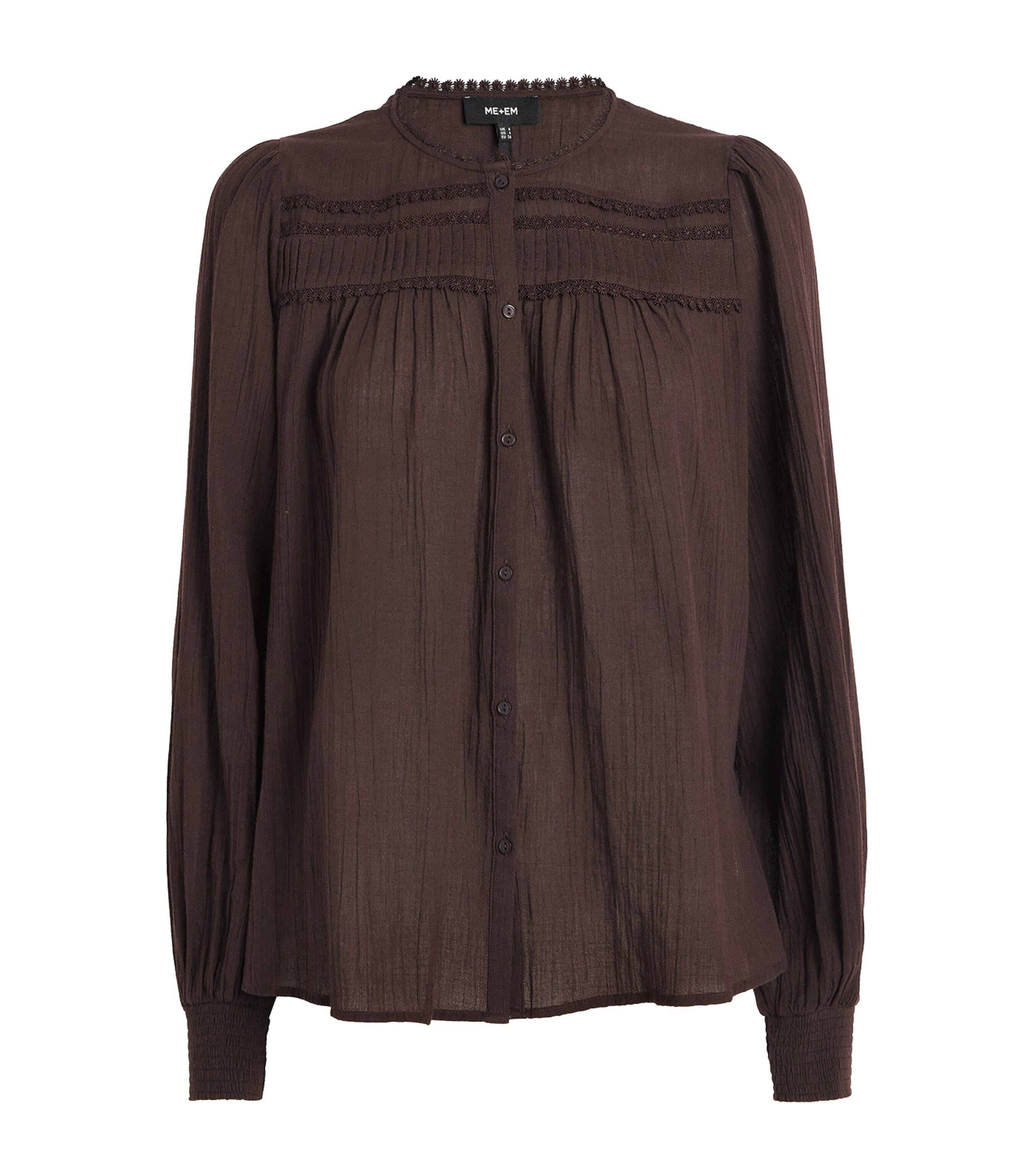 Shop Me+em Cotton Floral-trim Blouse In Brown