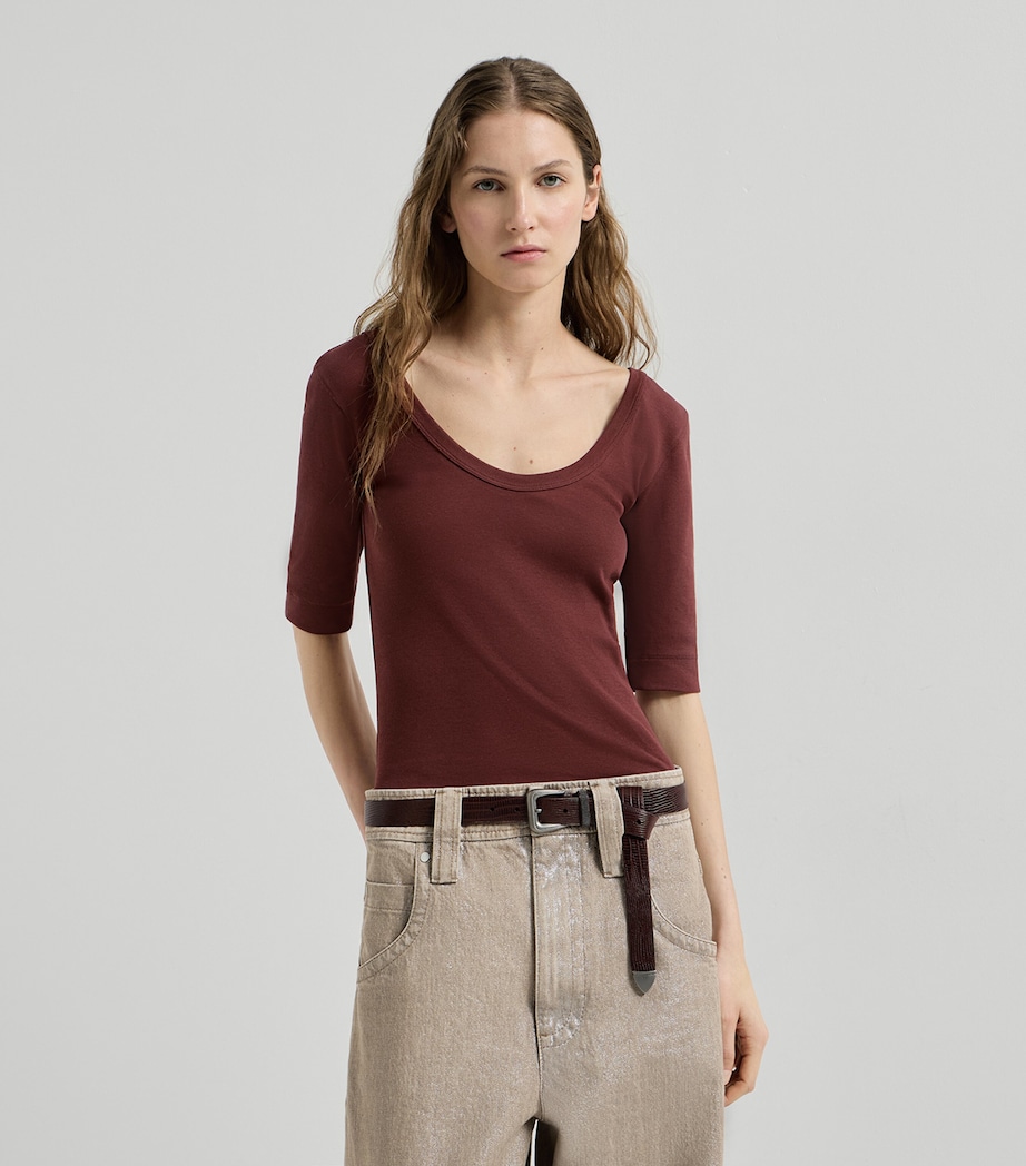 Brunello Cucinelli Womens Stretch-Cotton Scoop-Neck T-Shirt Cabernet Image 4