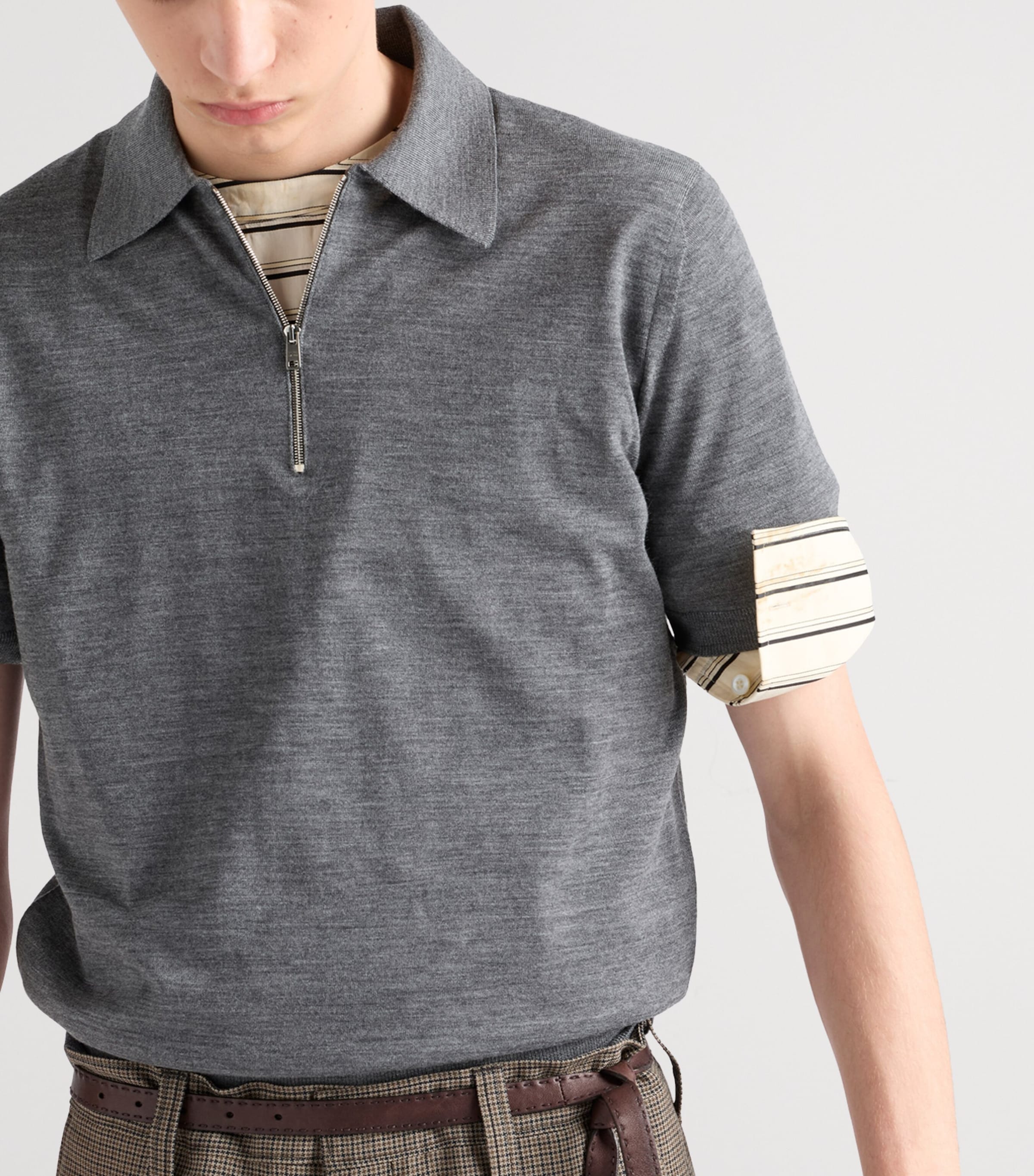 Prada Mens Wool Zip-Up Polo Shirt Grey Image 3