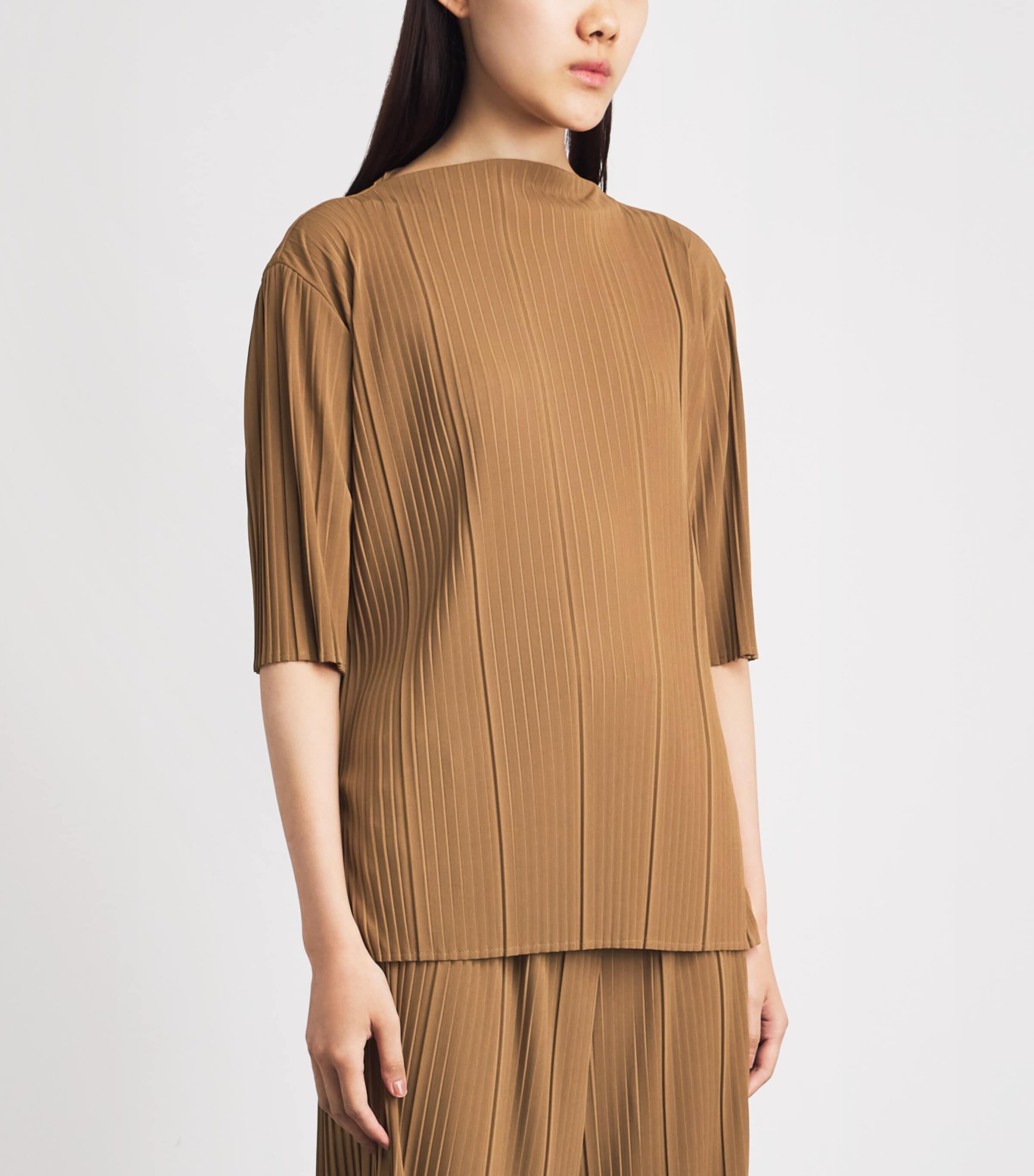 MM Womens Chiffon Pleated Boat-Neck Blouse Hazelnut Brown Image 4
