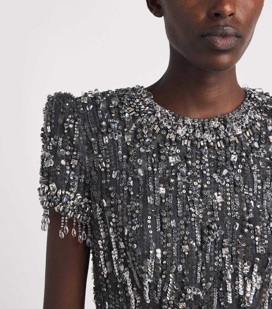 Jenny Packham Womens Short-Sleeve Rhinestone Maxi Dress Shdw Gry T Bdng Image 3