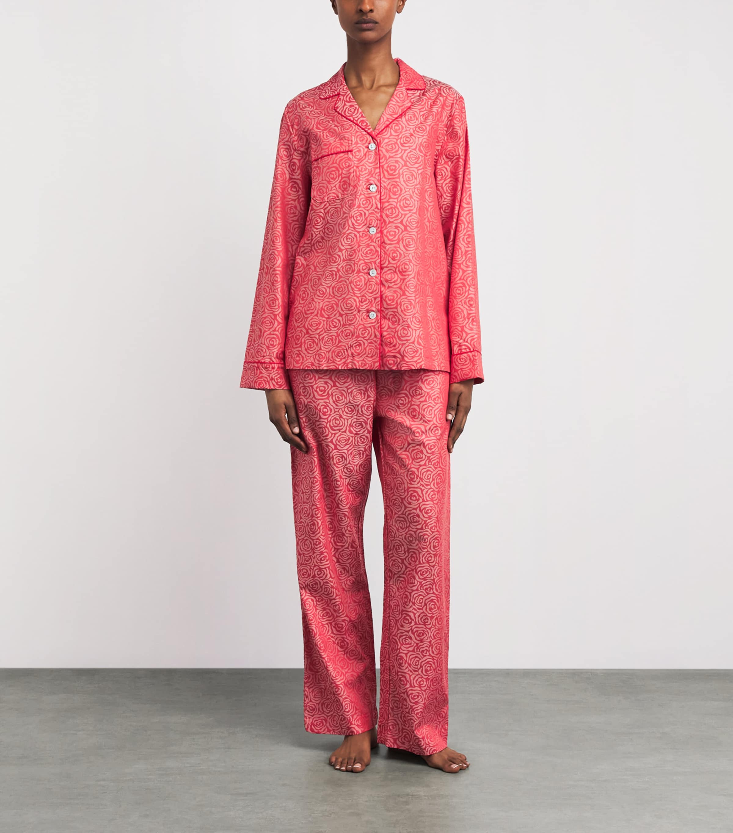 Derek Rose Womens Jacquard Roses Pyjama Set Red Image 2