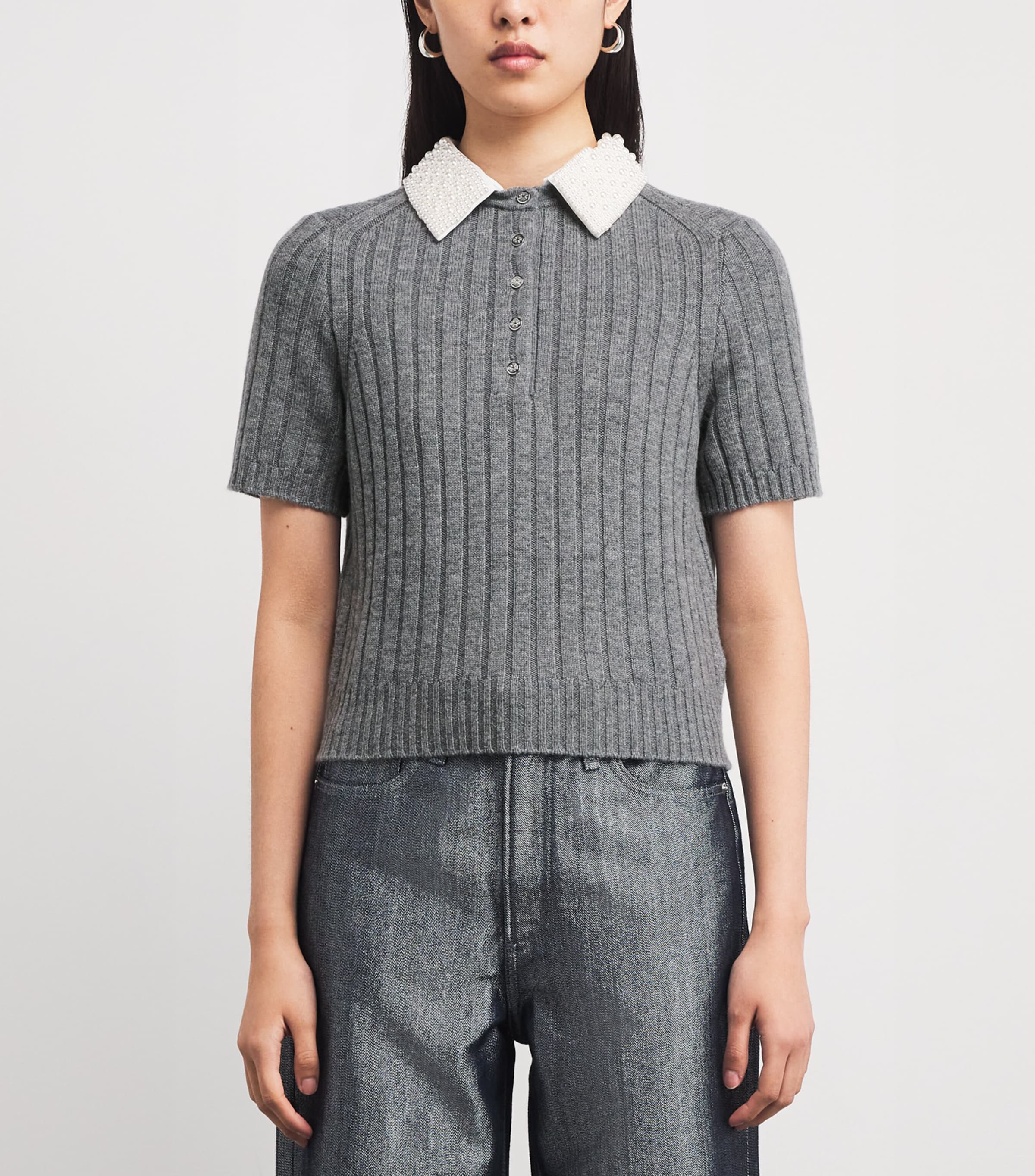 Maje Womens Wool-Blend Beaded-Collar Polo Sweater Grey Image 3