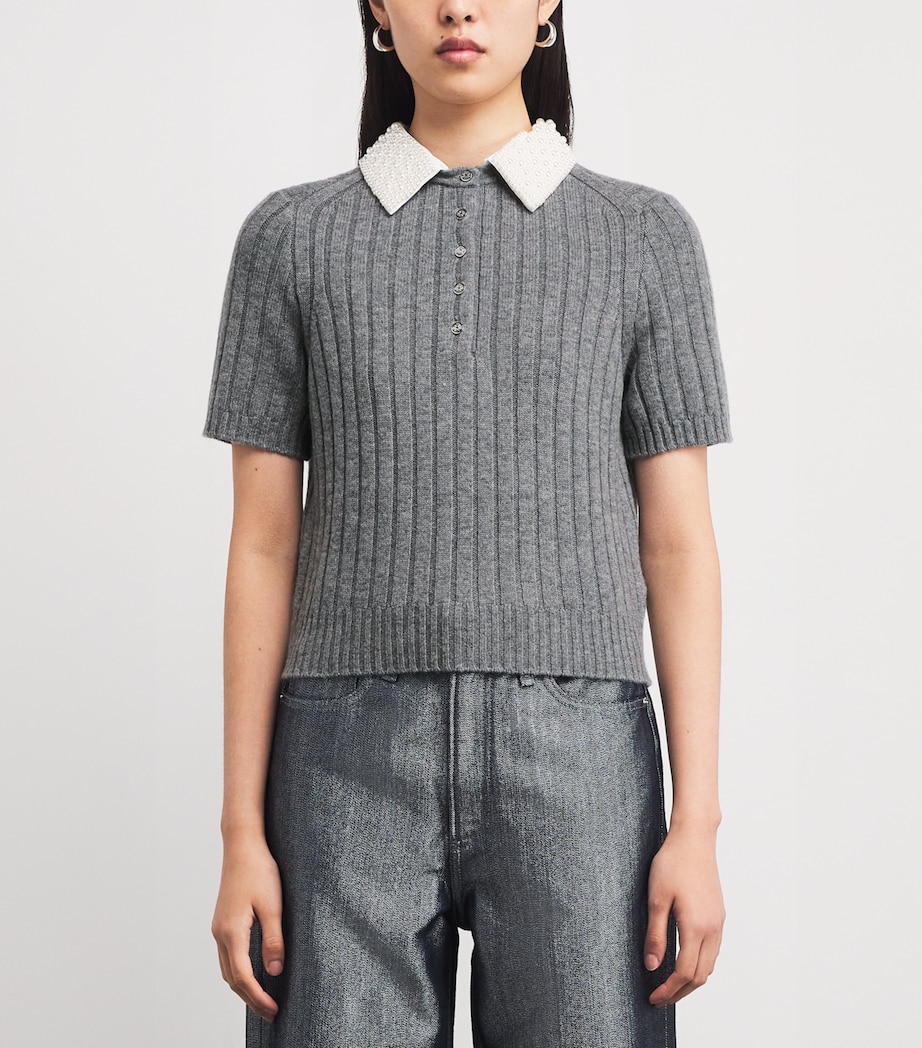 Maje Womens Wool-Blend Beaded-Collar Polo Sweater Grey Image 3