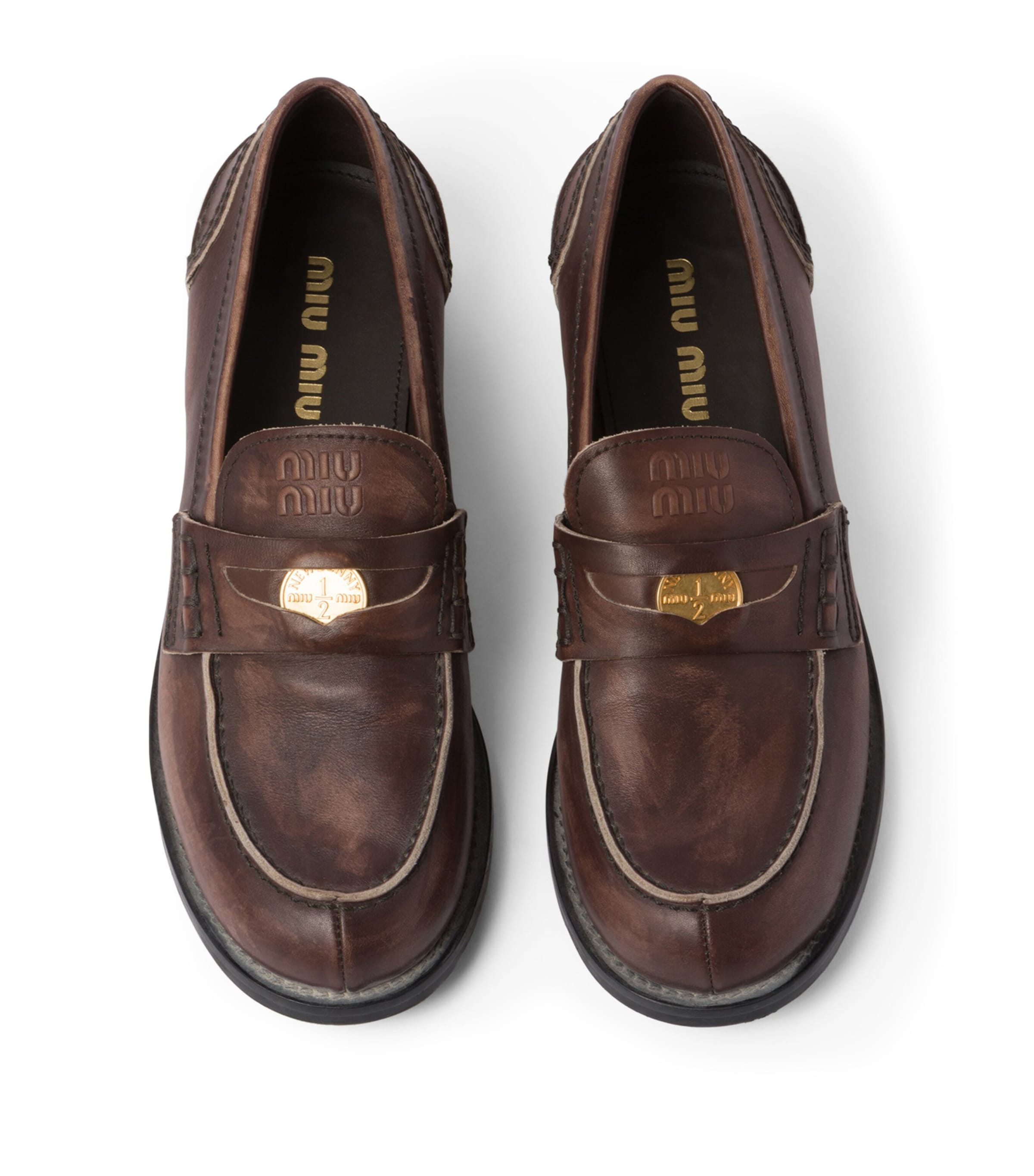 Miu Miu Leather Vintage-Effect Loafers | Harrods UK