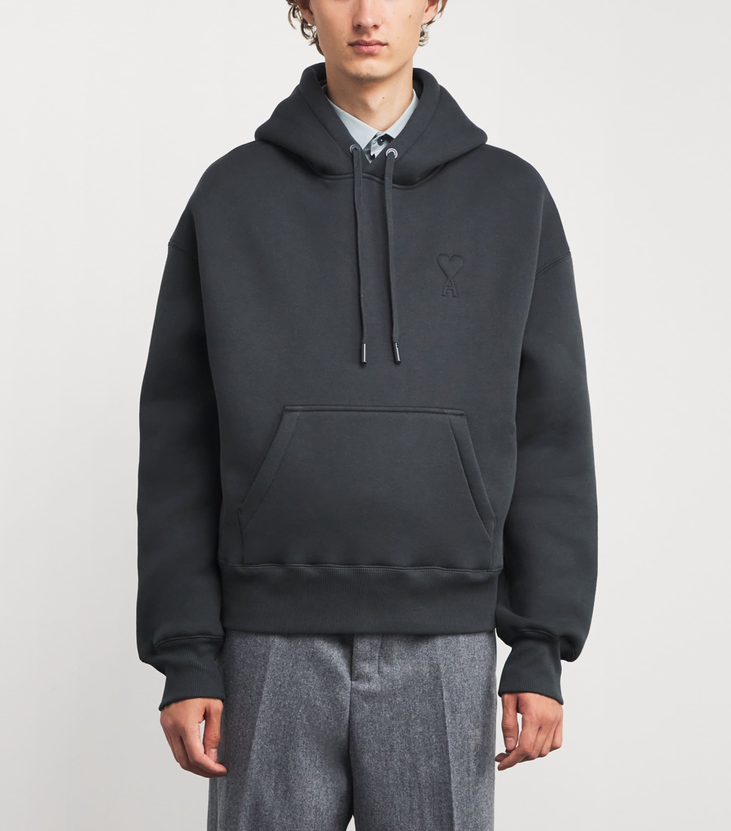 AMI Paris Mens Cotton-Blend Ami de Coeur Hoodie Anthracite Image 3