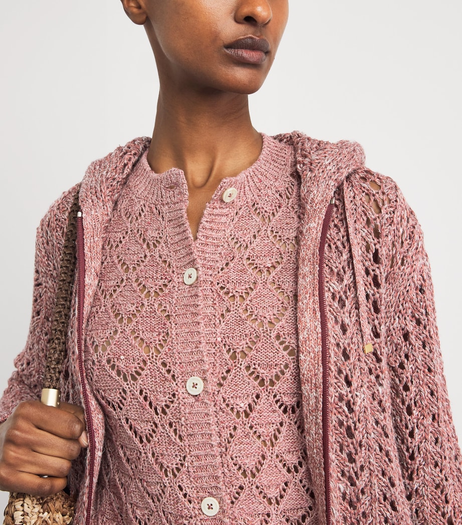 Eleventy Womens Cotton-Linen-Blend Sequinned Cardigan Lampone Image 3
