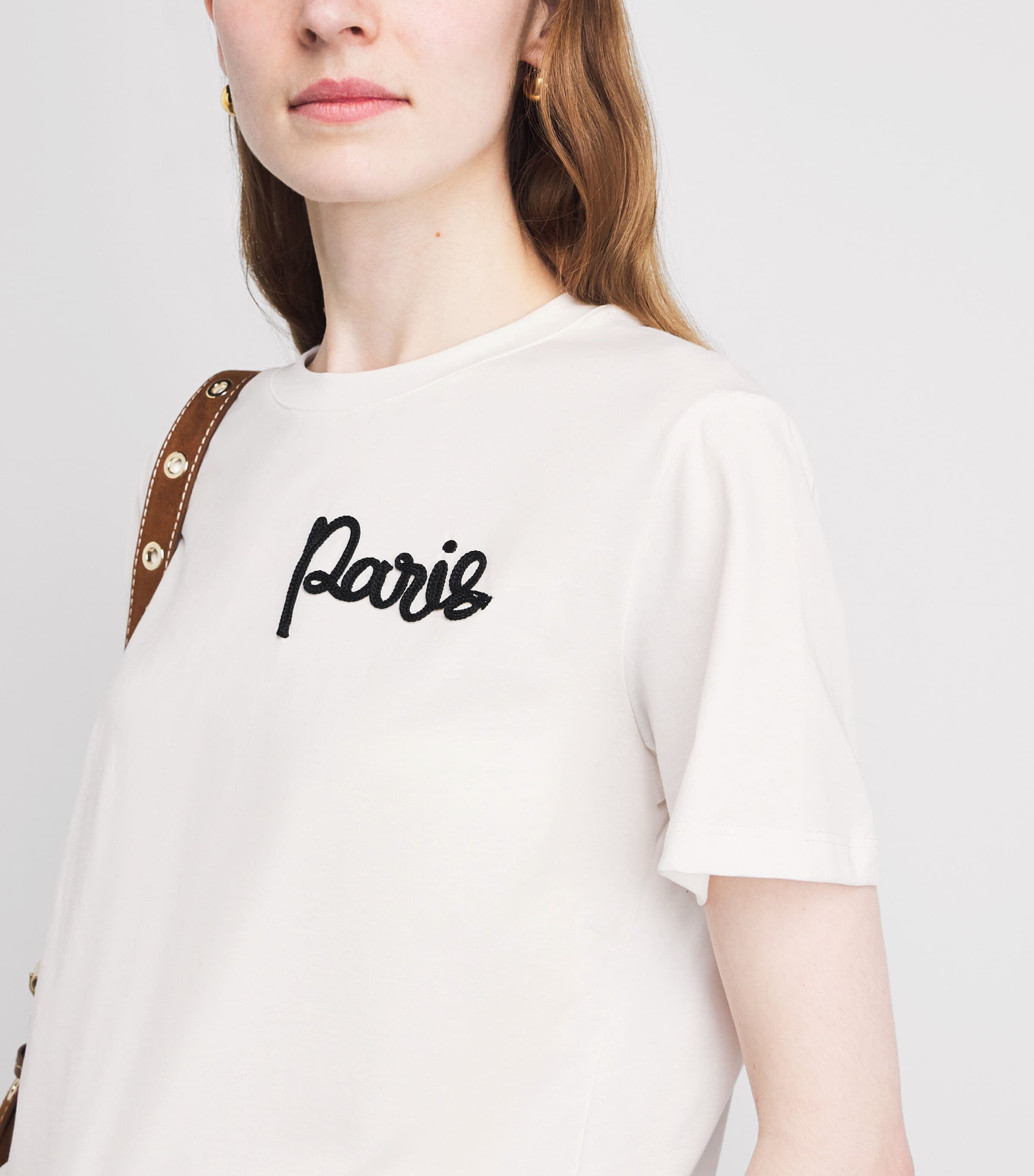 Maje Womens Cotton Paris Embroidered T-Shirt White Image 3