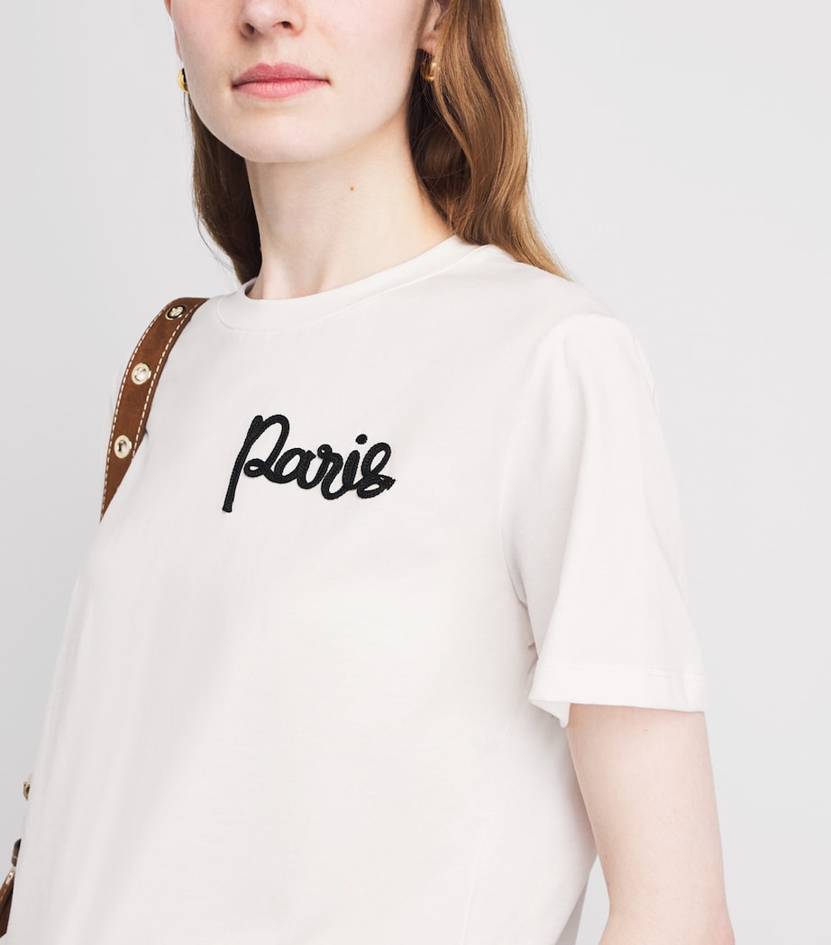 Maje Womens Cotton Paris Embroidered T-Shirt White Image 3