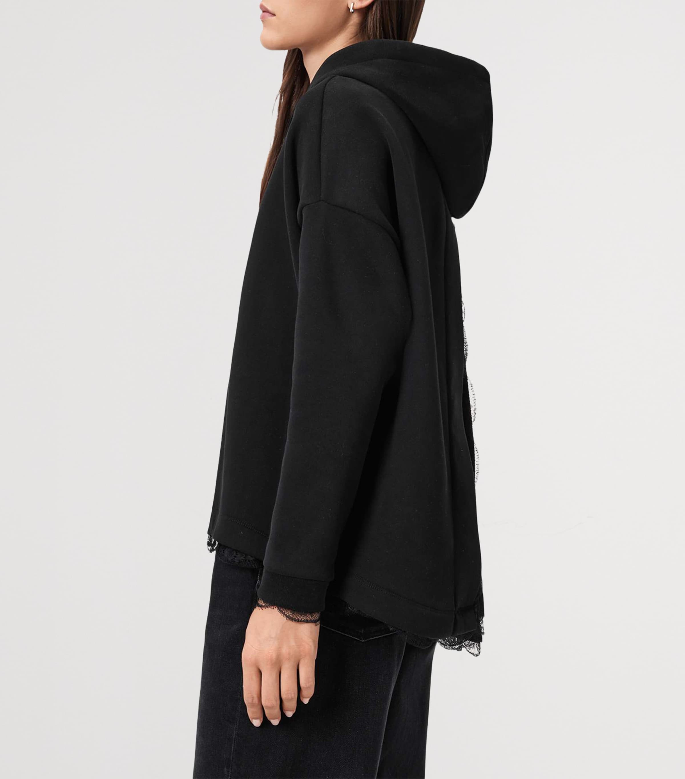 AllSaints Womens Lace-Trim Hoodie Black Image 8