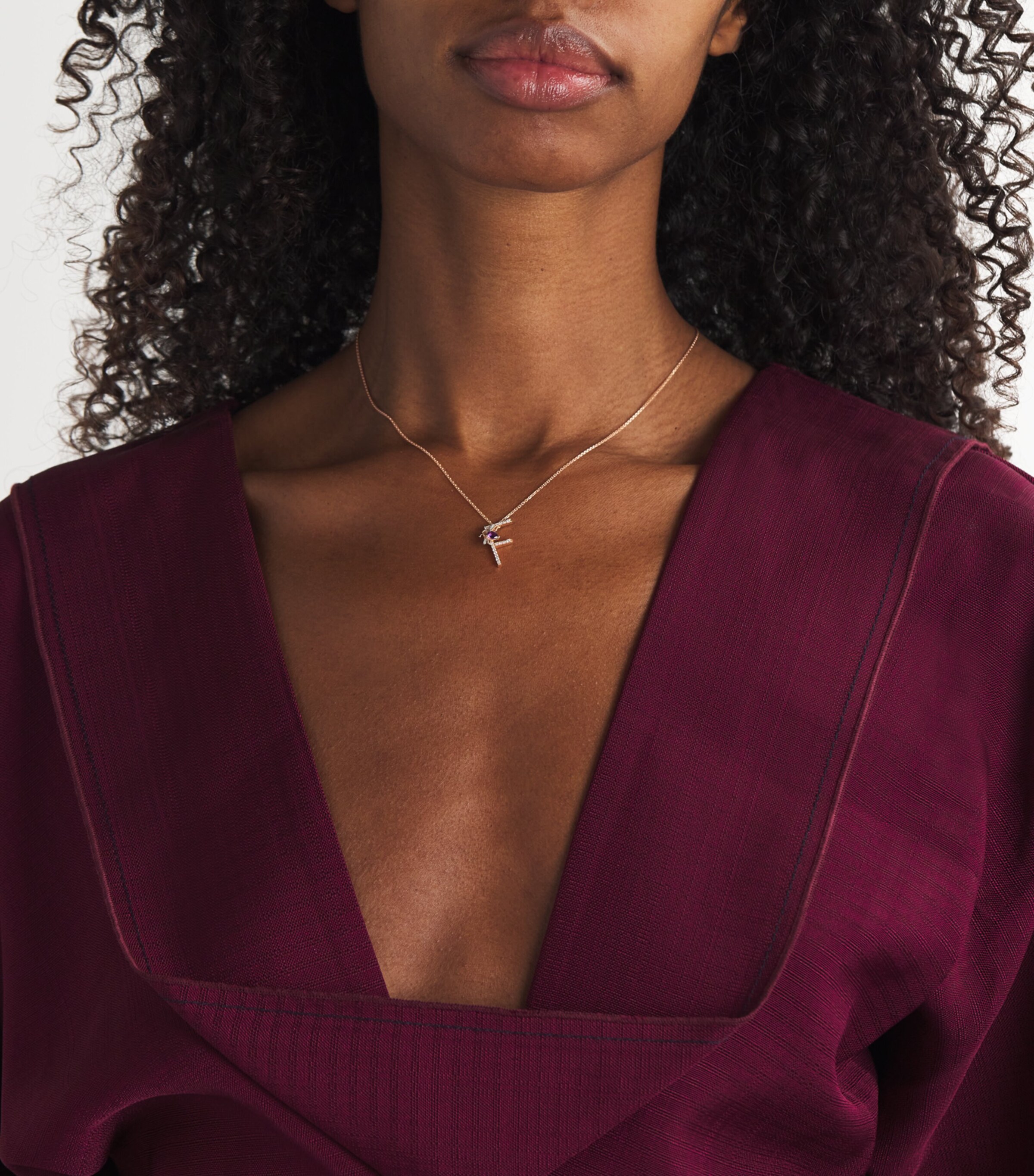 Rose Gold, Diamond and Amethyst Letter ‘F’ Necklace ROSE GOLD Image 2