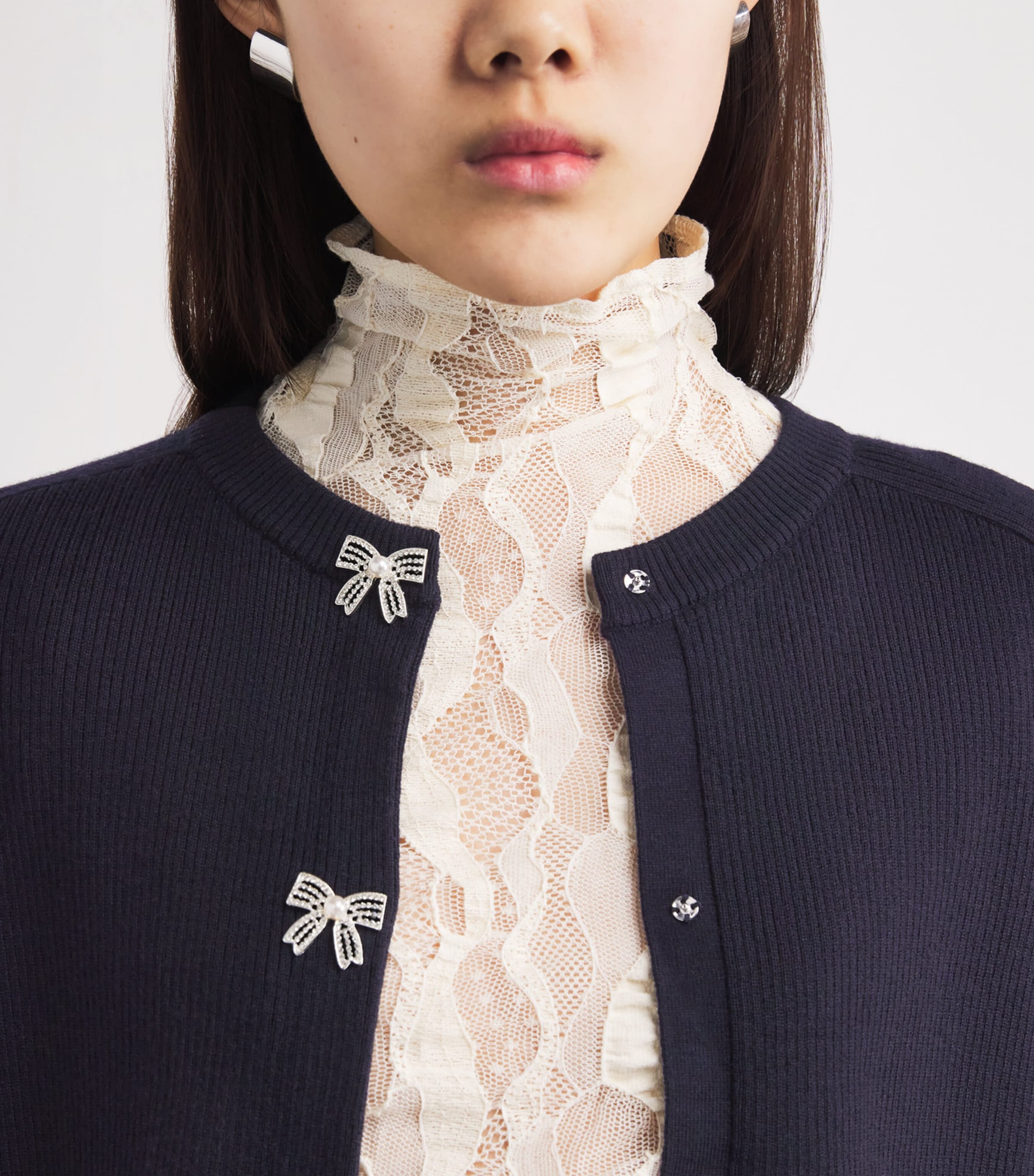 Wool Rib-Knit Bow Cardigan NAVY Image 6