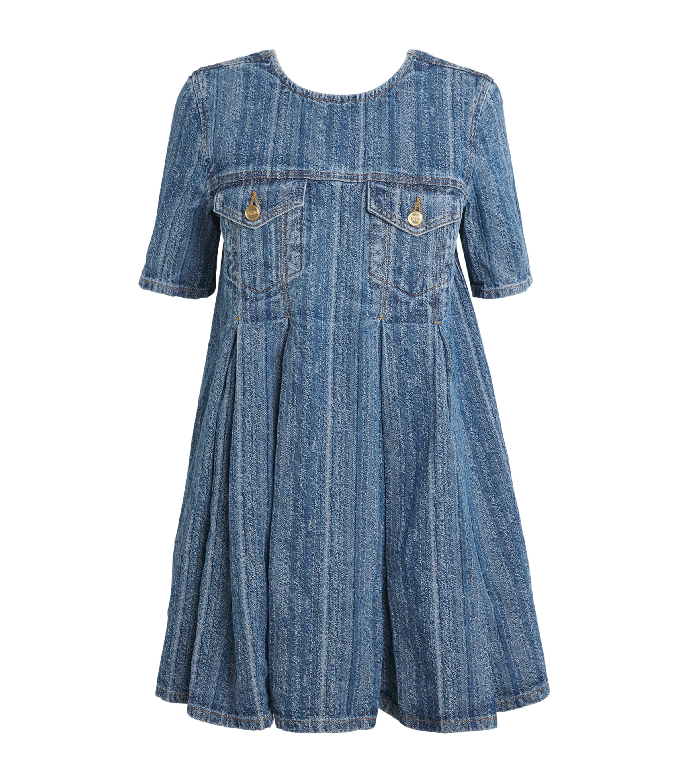 Ganni Short Sleeve Pleated Dress Pockets In Blue