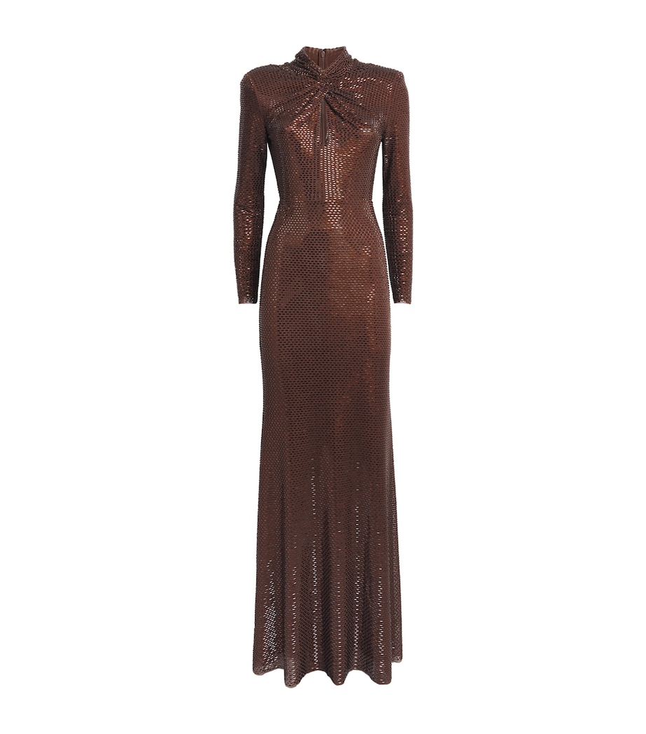 Self-Portrait Womens Rhinestone High-Neck Maxi Dress Brown Image 1