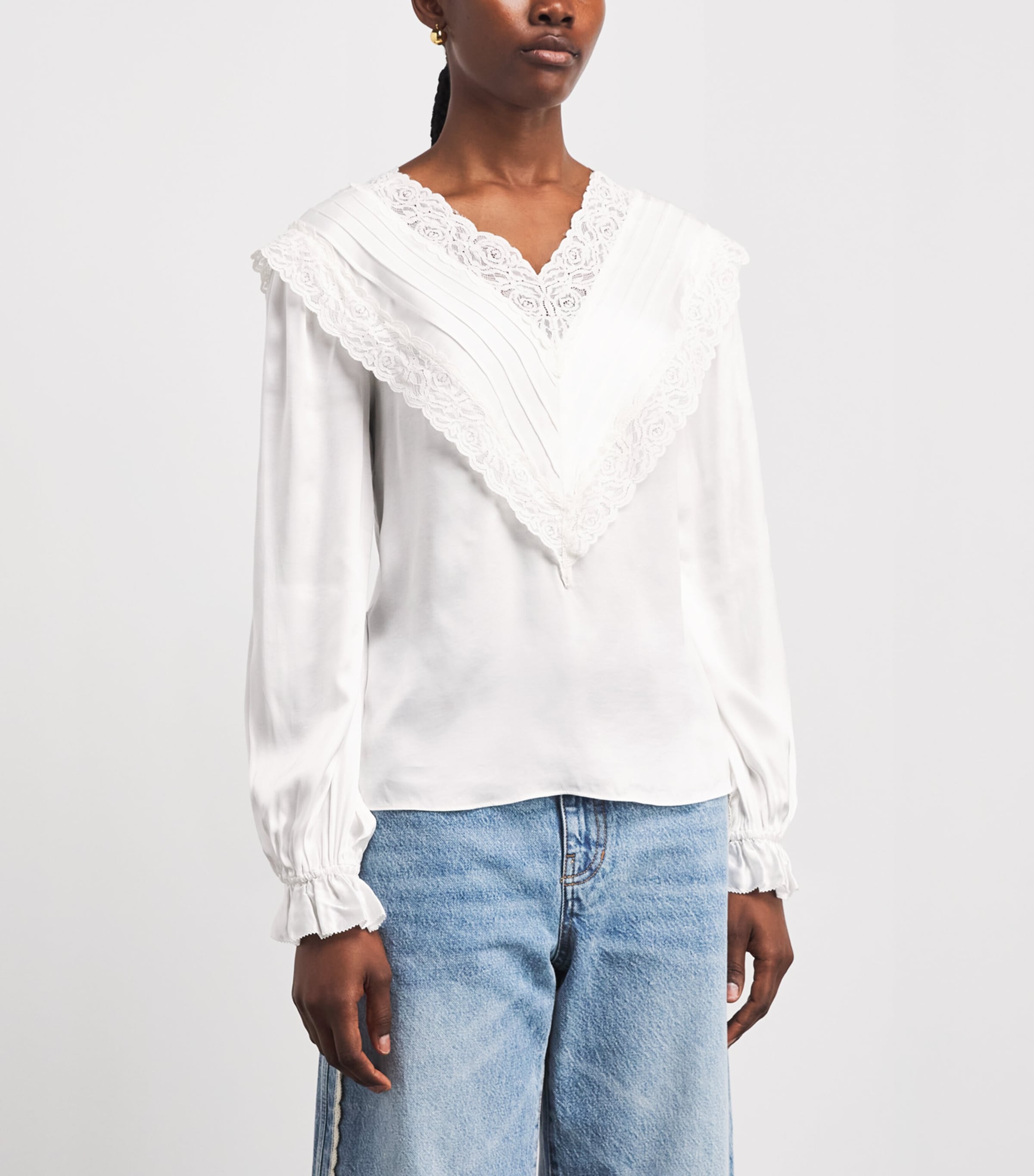 Self-Portrait Womens Satin Lace Blouse Cream Image 4