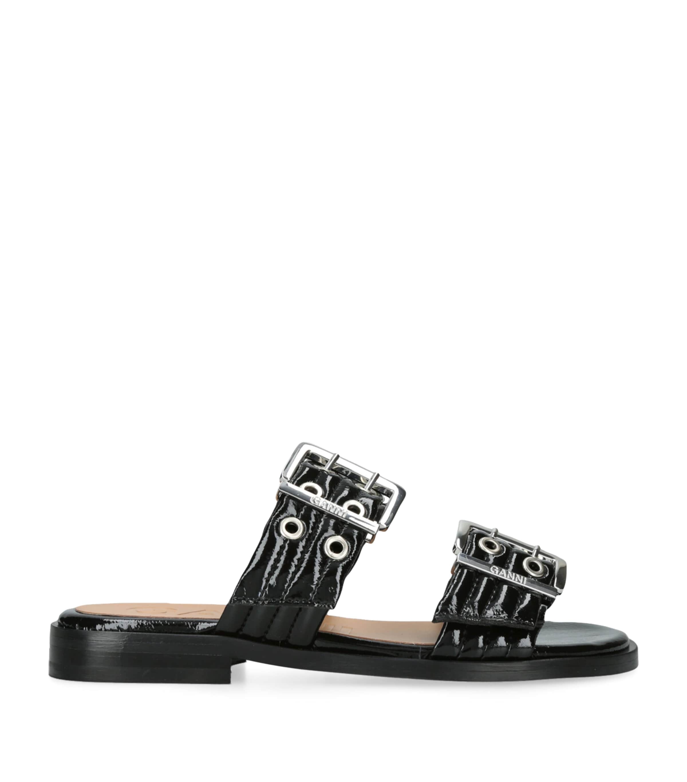 Ganni Buckled Eyelet-embellished Recycled Faux Patent-leather Sandals In Black