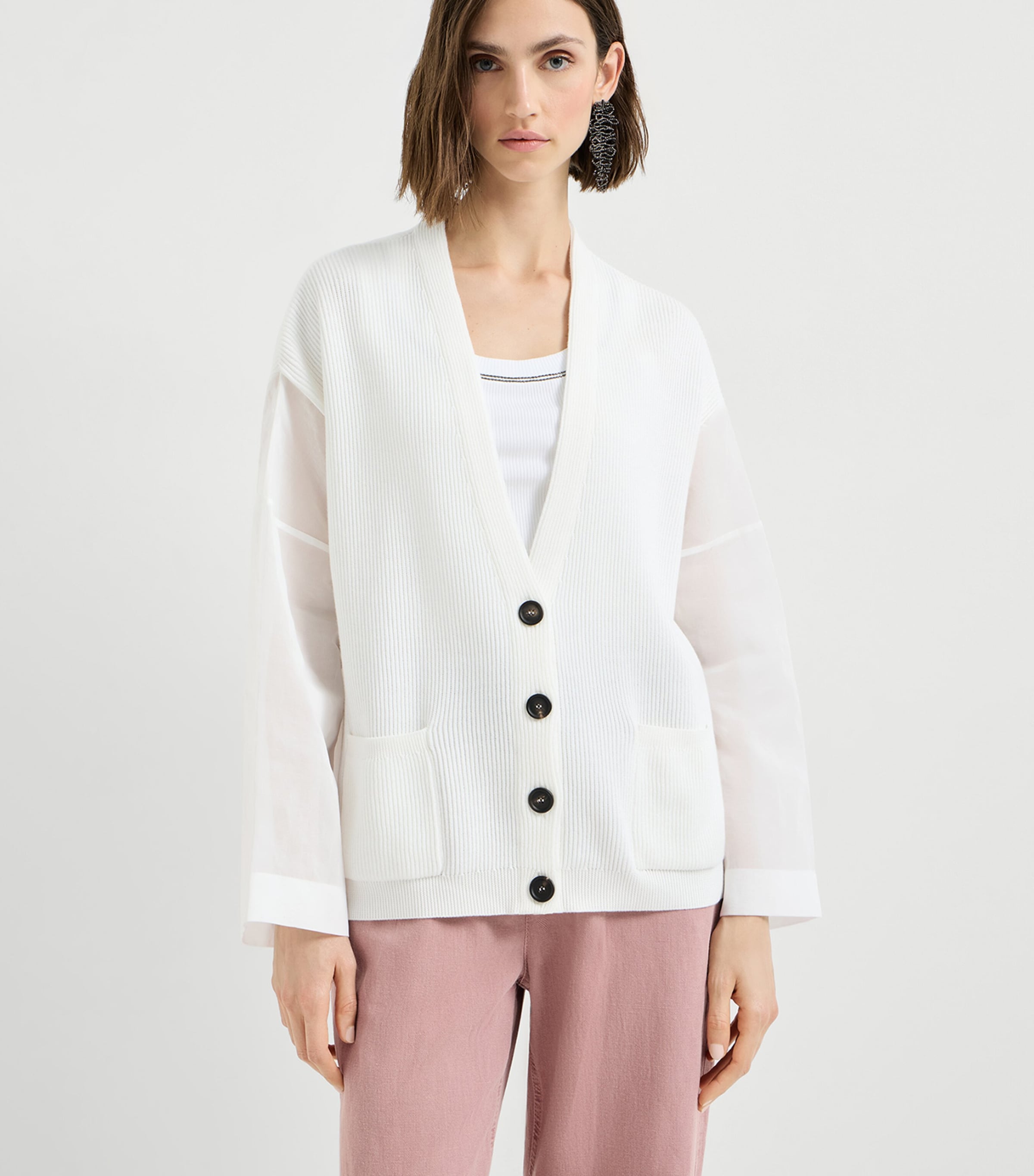 Brunello Cucinelli Womens Cotton Organza-Sleeve Cardigan Image 2