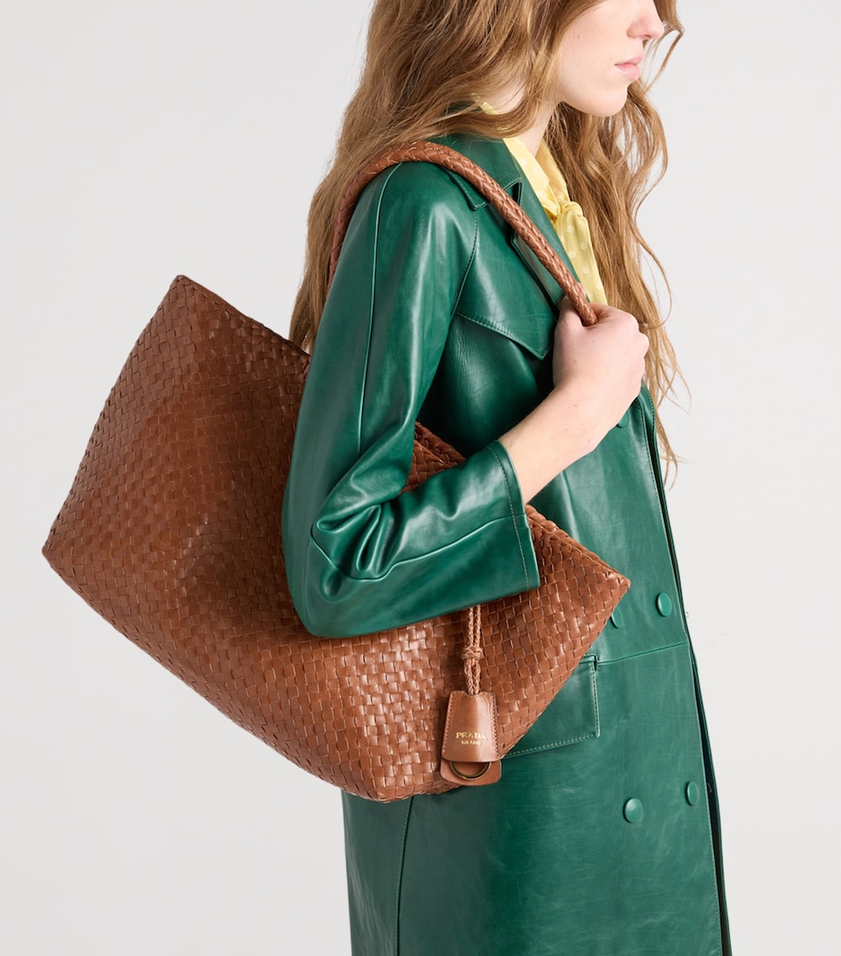 Prada Large Woven Leather Tote Bag Brown Image 7