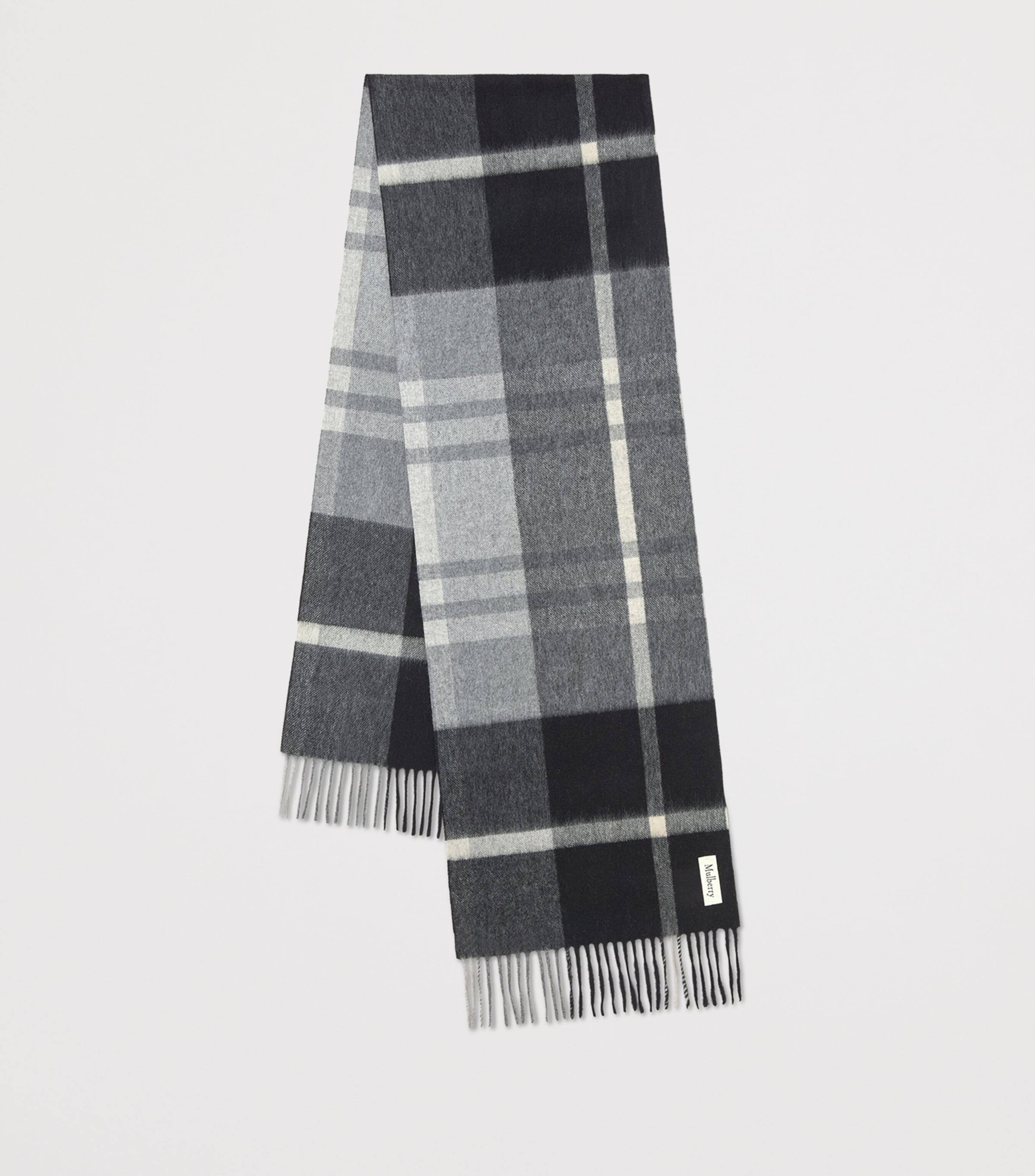 Mulberry Small Merino Wool Check Scarf Black Foggy Grey Image 2