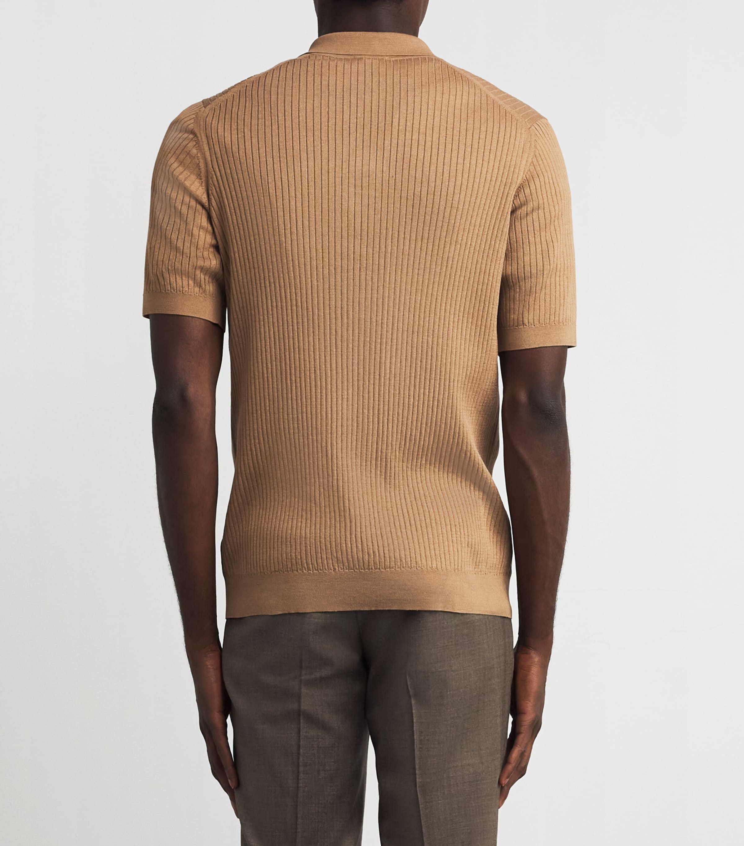 Sunspel Mens Silk-Cotton Rib-Knit Polo Shirt Brfz Dune Image 4