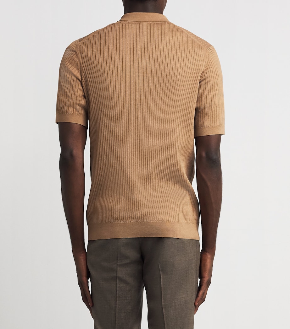 Silk-Cotton Rib-Knit Polo Shirt BRFZ-DUNE Image 4