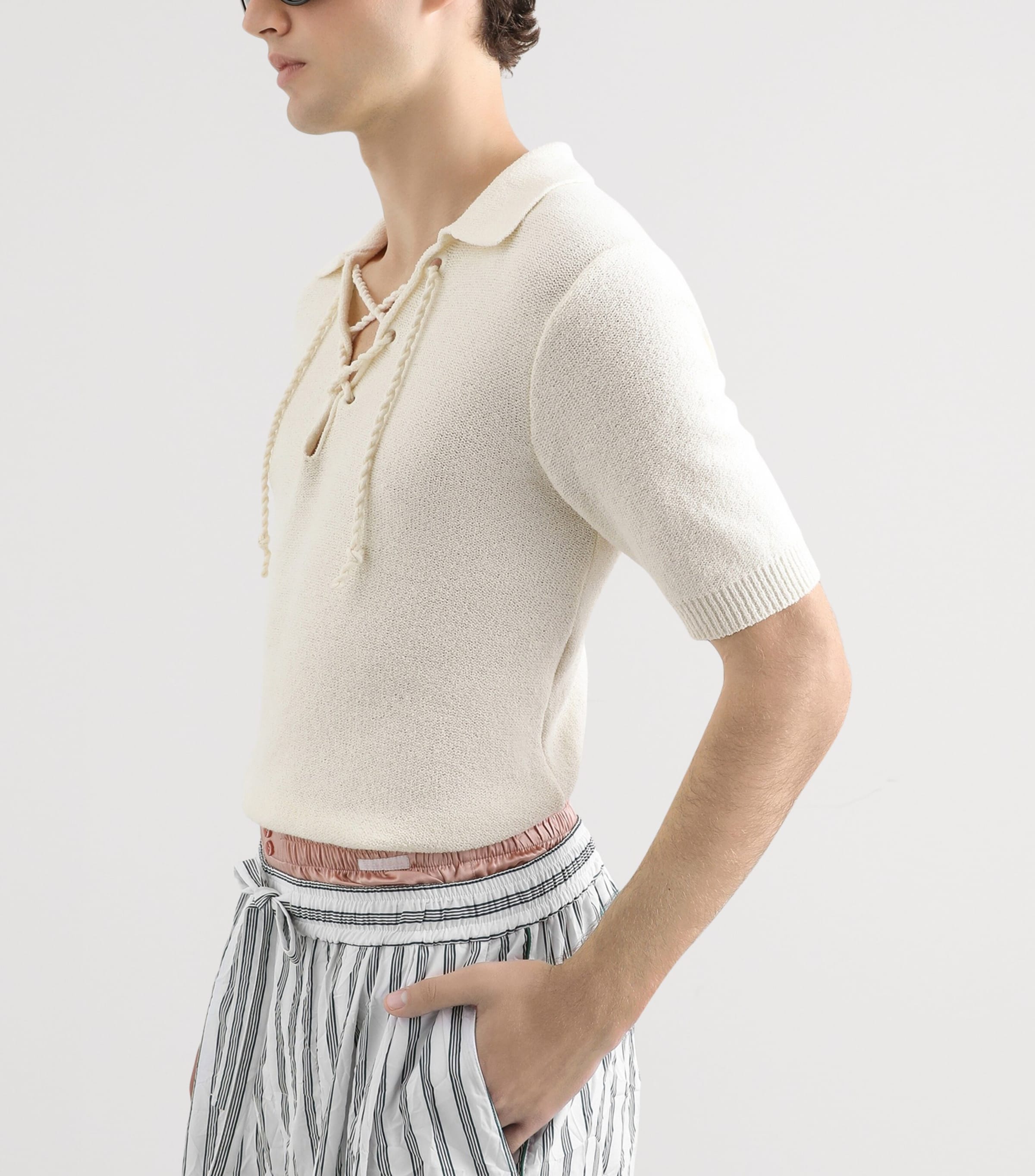 Dolce&Gabbana Mens Cotton-Blend Serafino Drawstring Polo Shirt Beige Image 5