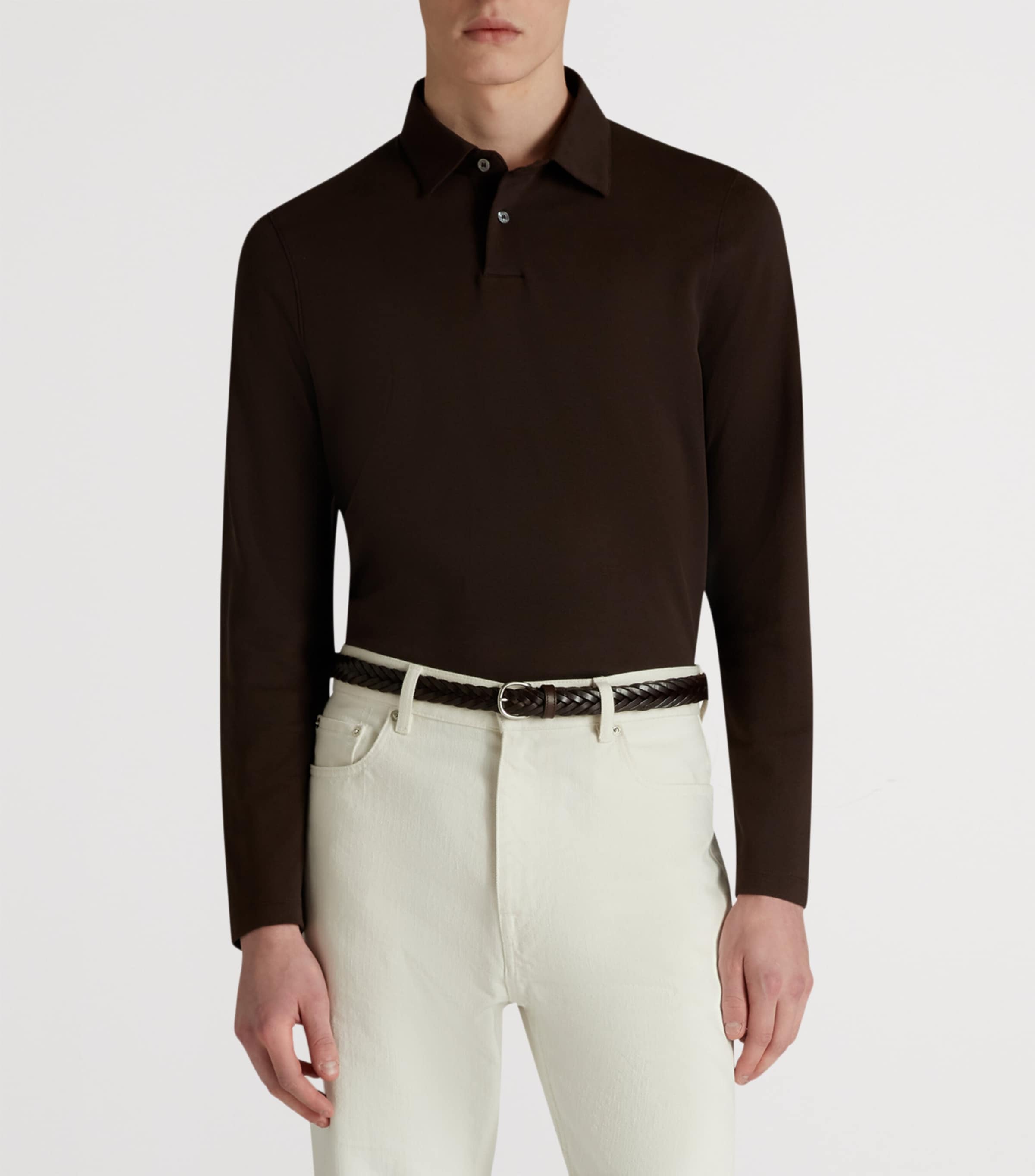 Cotton-Silk Piqué Long-Sleeve Polo Shirt 202CHOCOLATE Image 3