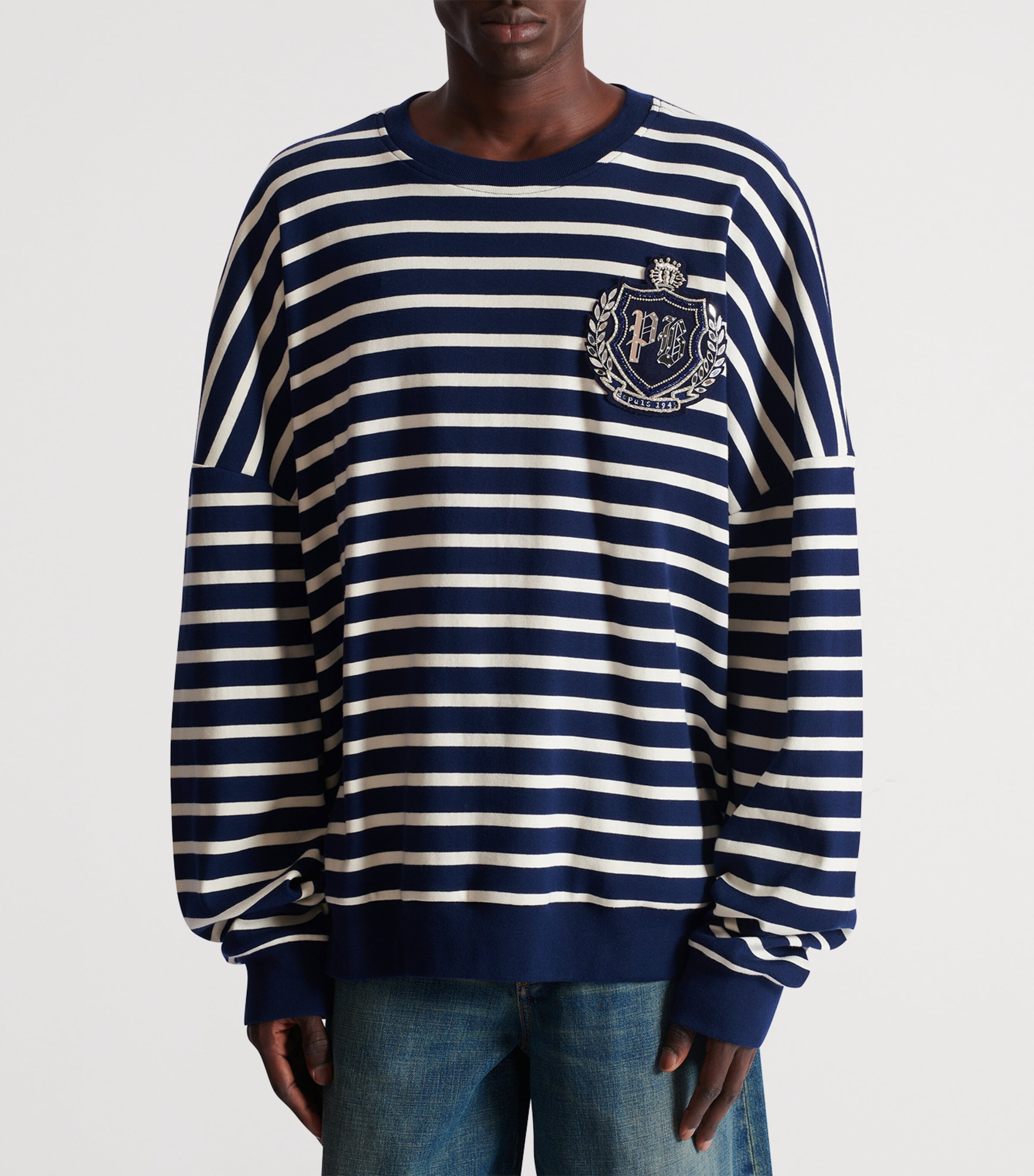 Cotton Striped College Emblem Sweatshirt SFL BLEU/BEIGE Image 4