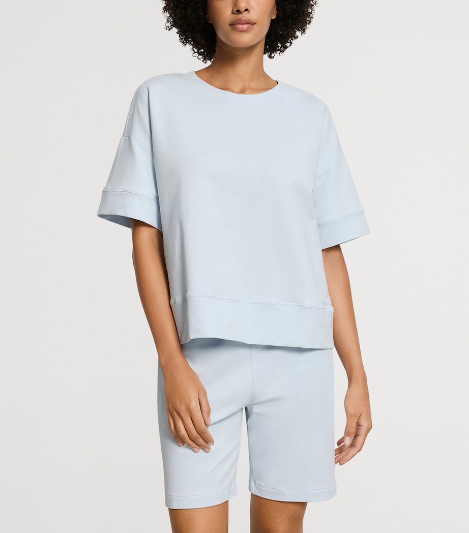 Hanro Womens Stretch-Cotton Short-Sleeve Sweatshirt Watery Blue Image 2