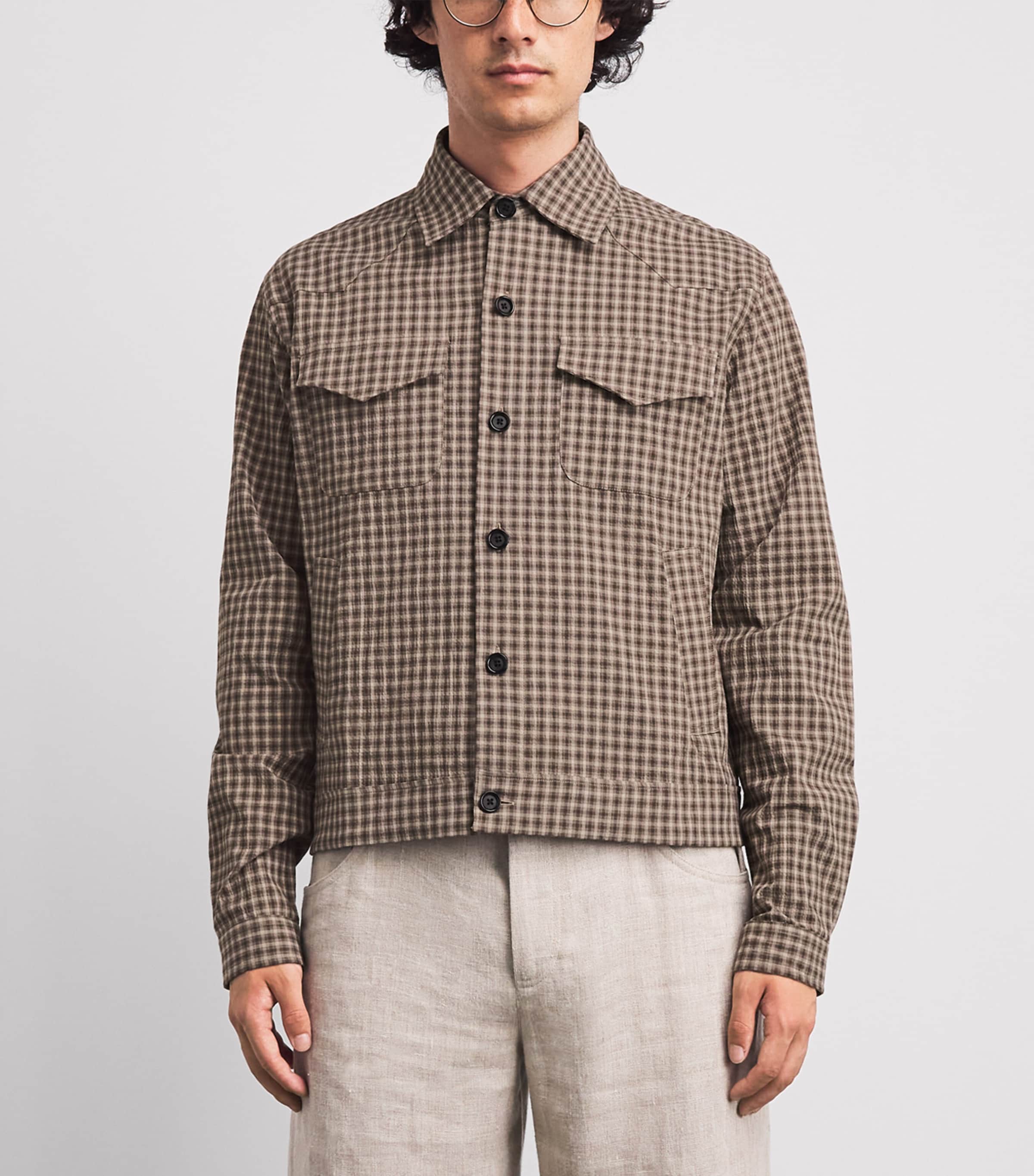 Oliver Spencer Mens Stretch-Cotton Check Witley Overshirt Brown Image 4