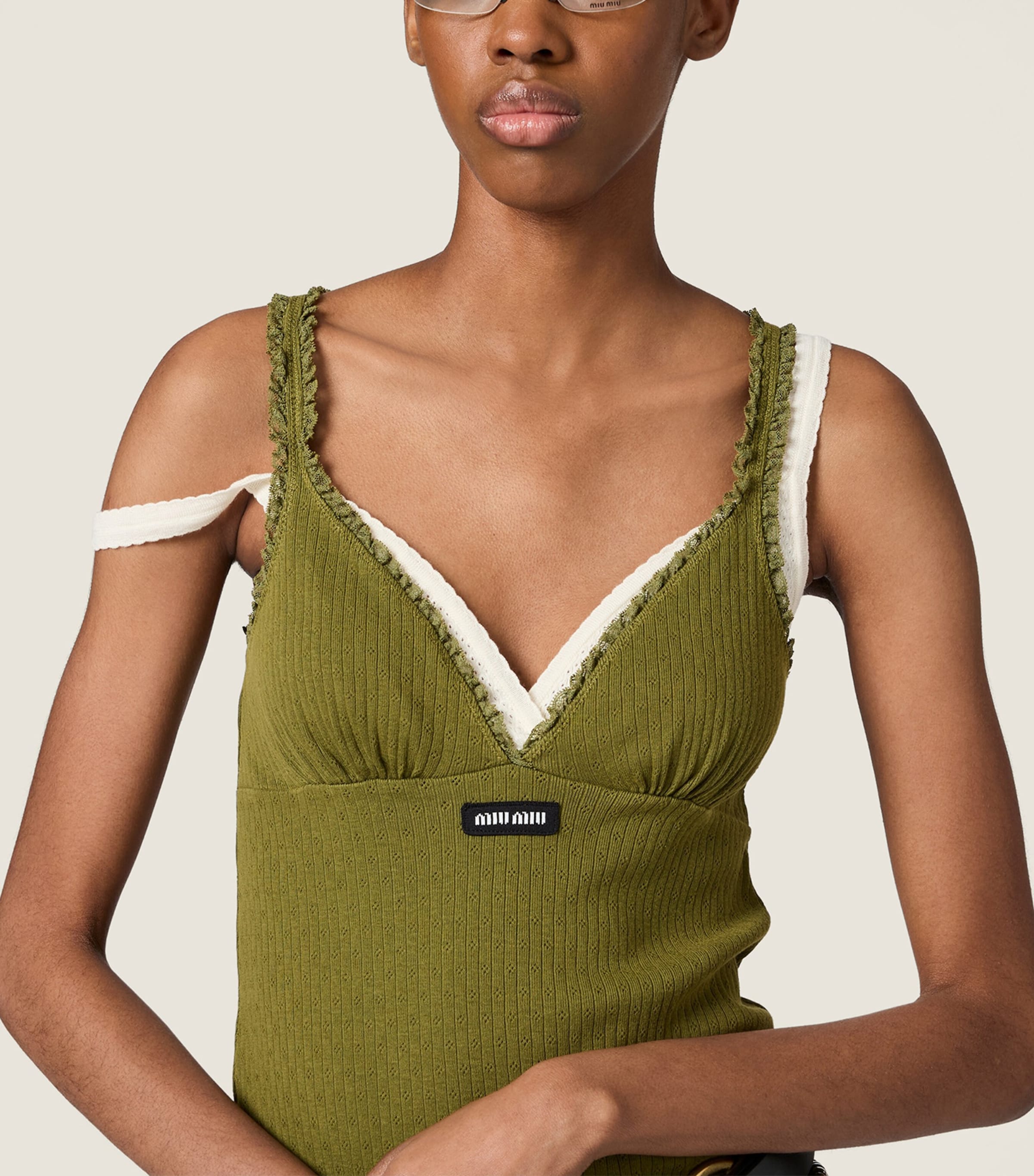 Miu Miu Womens Cotton Lace-Trim Mini Dress Green Image 6