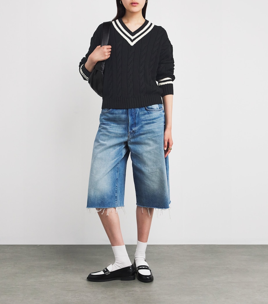 Cotton Aran-Knit V-Neck Sweater POLO BLACK/CRCKT CRM Image 2