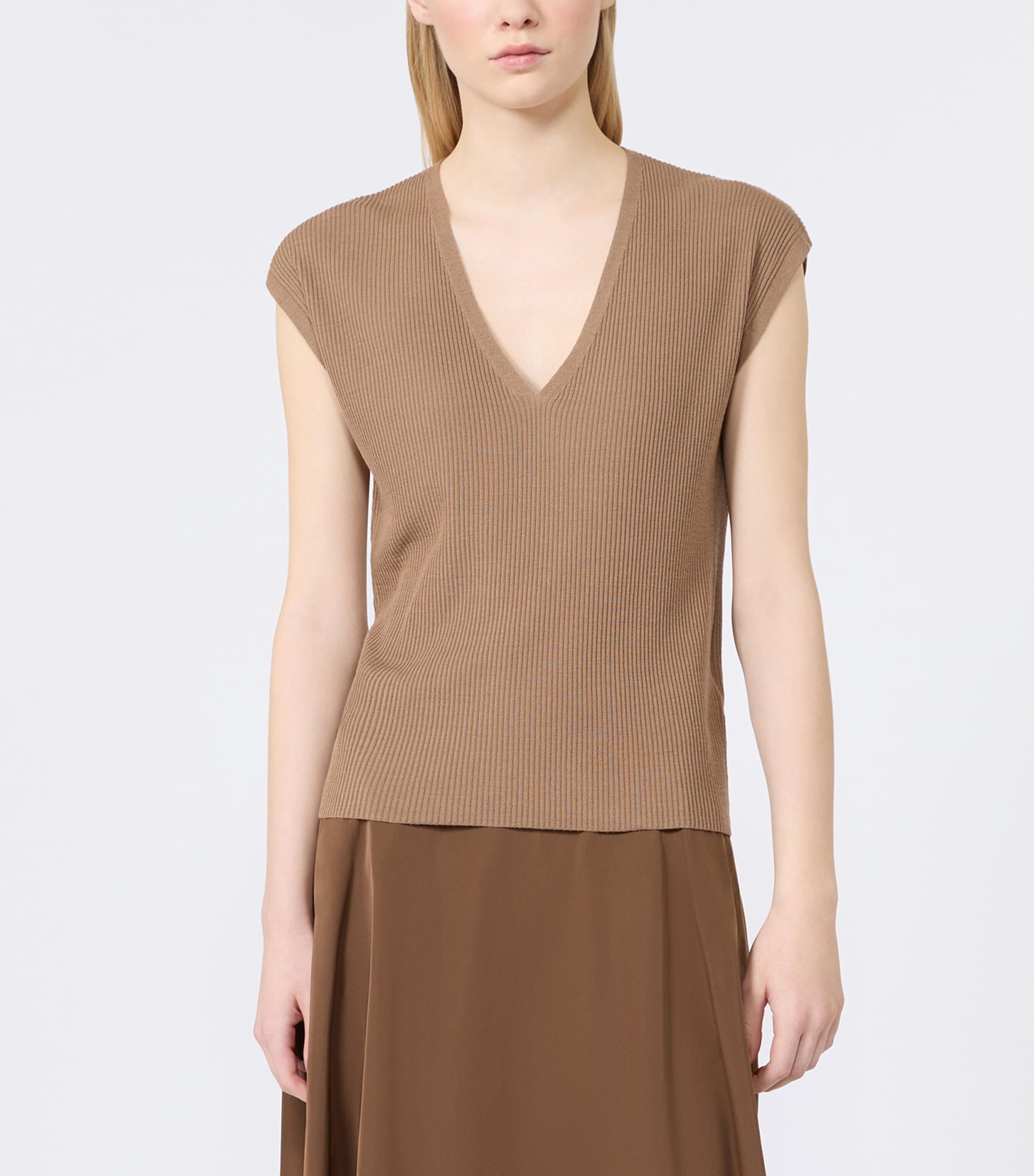 Max Mara Womens Virgin Wool Ribbed Top Camel Image 3