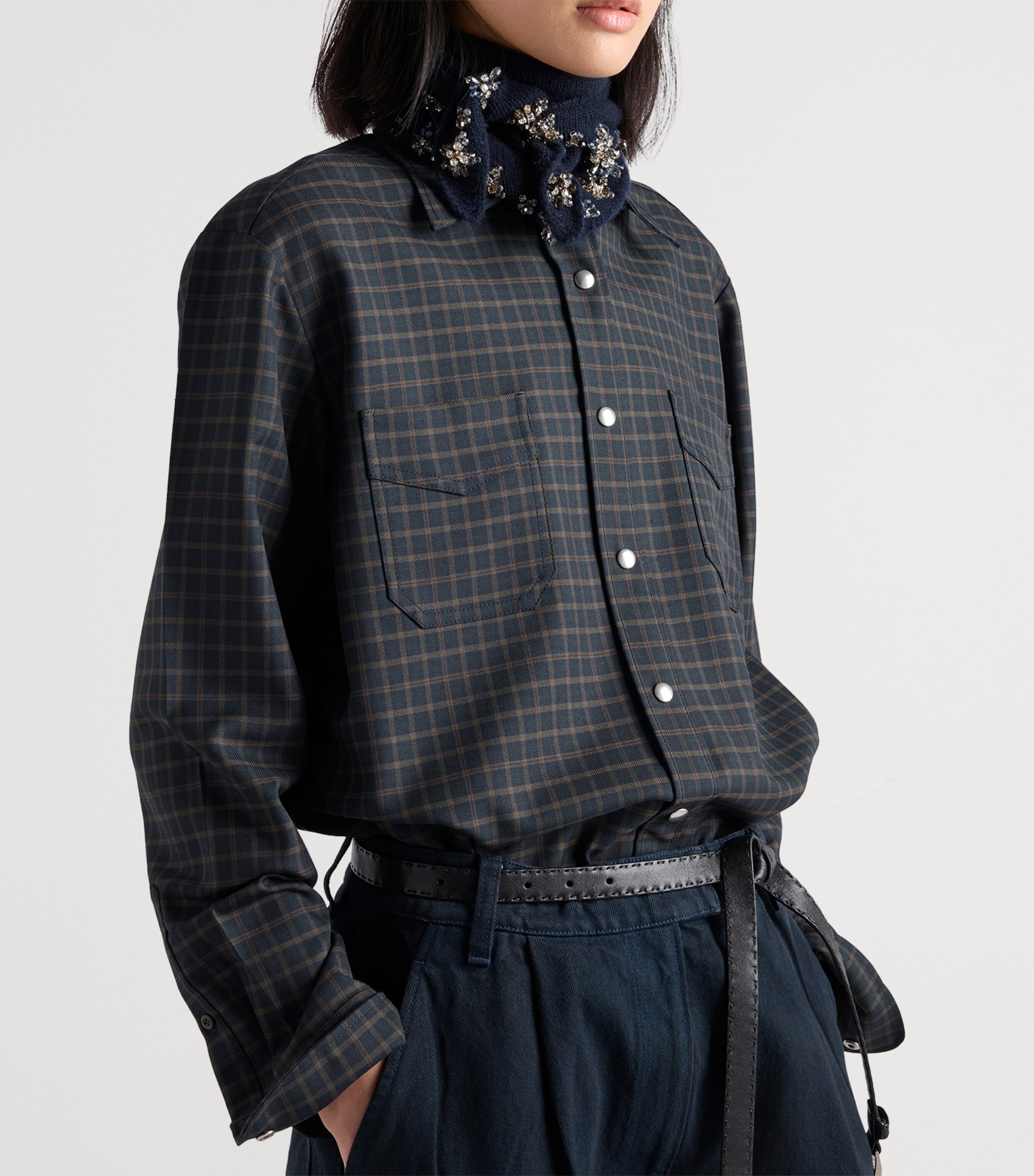 Prada Womens Wool Check Shirt Blue Image 3