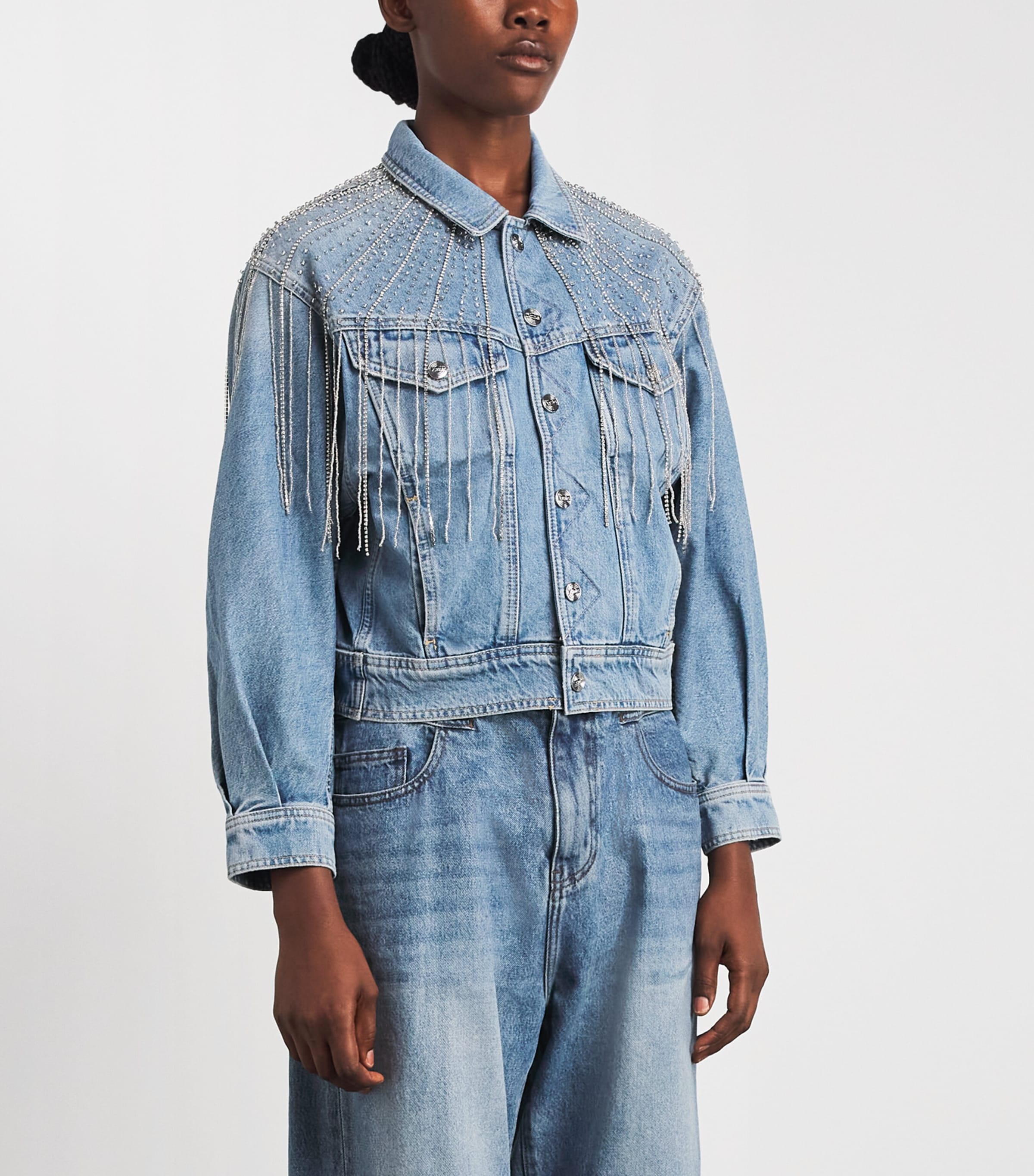 MOTHER Womens Embellished The Fly Away Denim Jacket Sprkl Emrgncy Kit Image 4