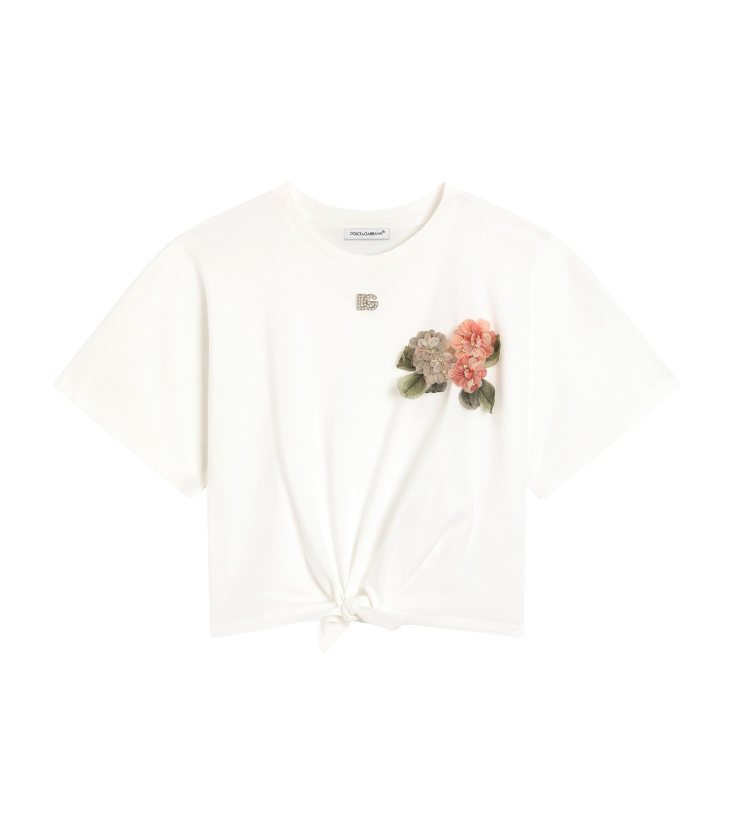 Dolce&Gabbana Kids Womens Cotton Tie Floral T-Shirt (8-12+ Years) White Image 1