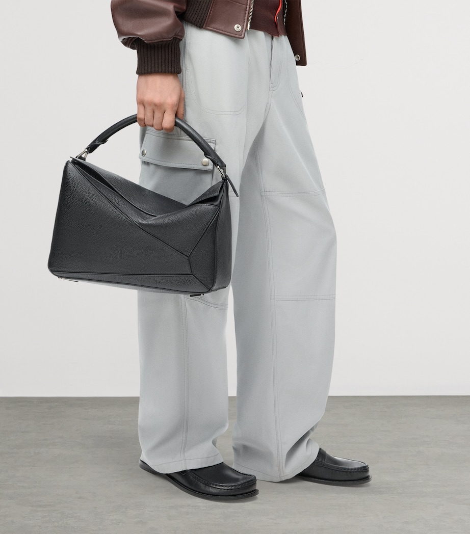 Large Leather Puzzle Edge Top-Handle Bag BLACK Image 8