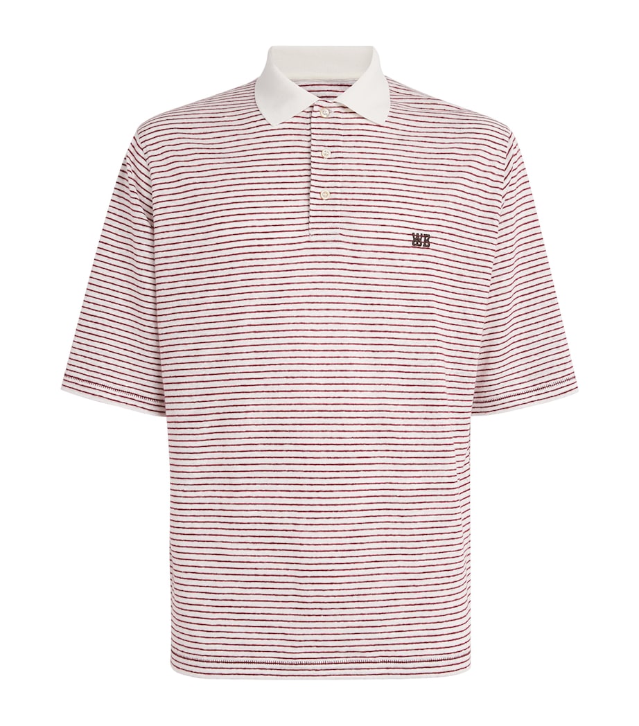 Wales Bonner Mens Linen-Cotton Stripe Bask Polo Shirt Ivory / Wine Image 1