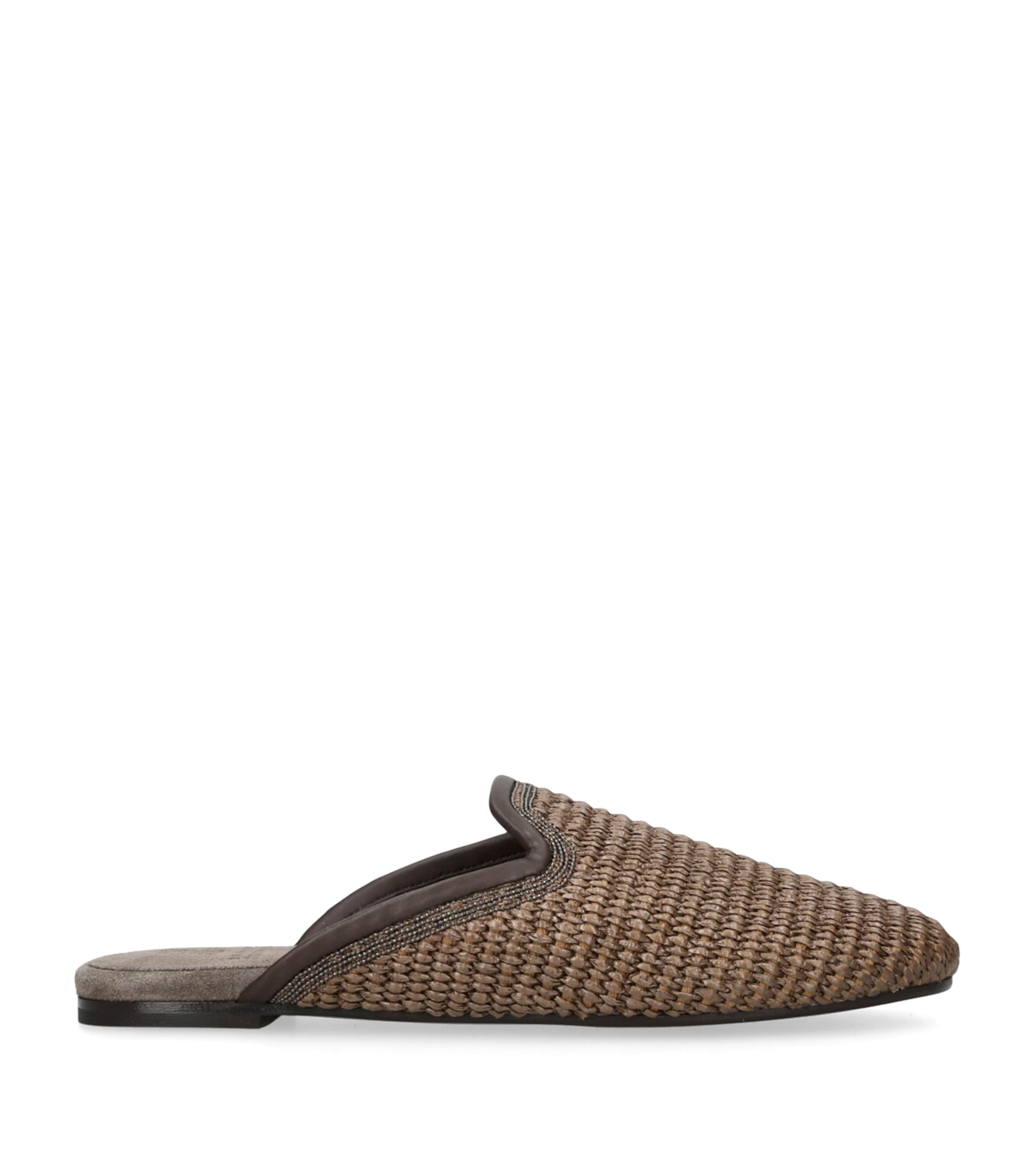 Brunello Cucinelli Brown Techno Raffia Precious Trim Slippers In Brown