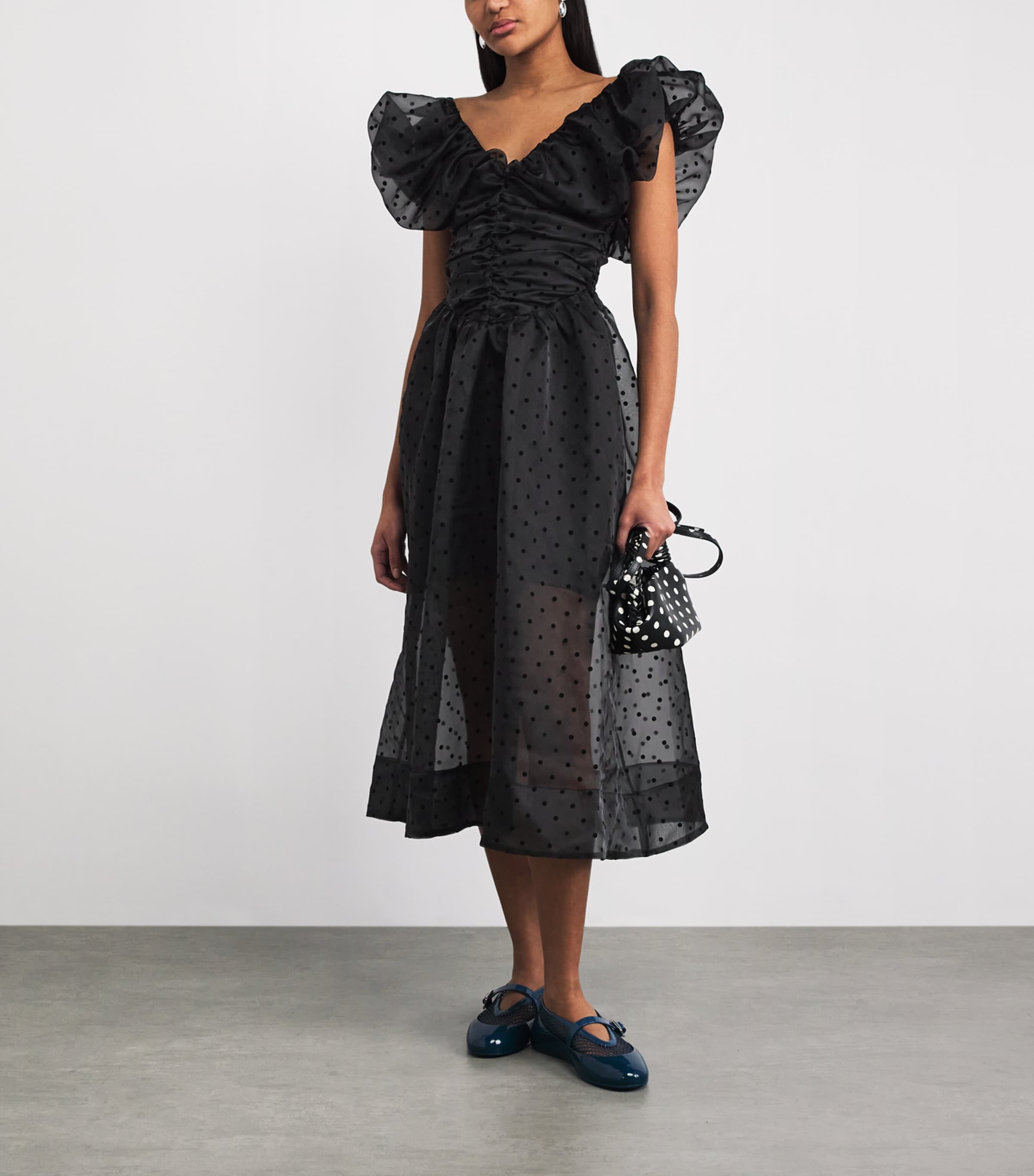 GANNI Womens Organza Polka Dot Midi Dress Black Image 2