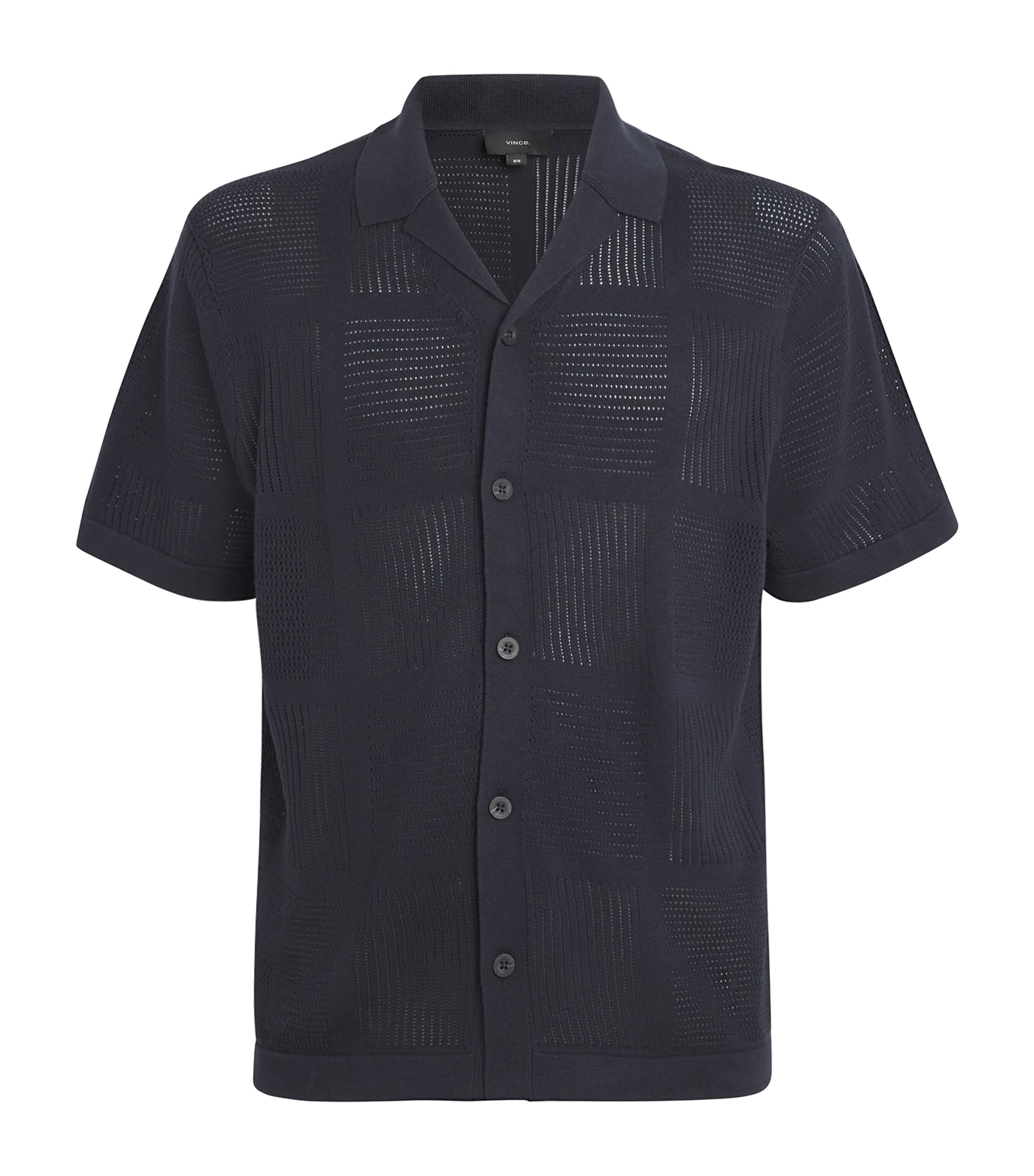 Vince Patchwork Pointelle Short Sleeve Cardigan In Blue