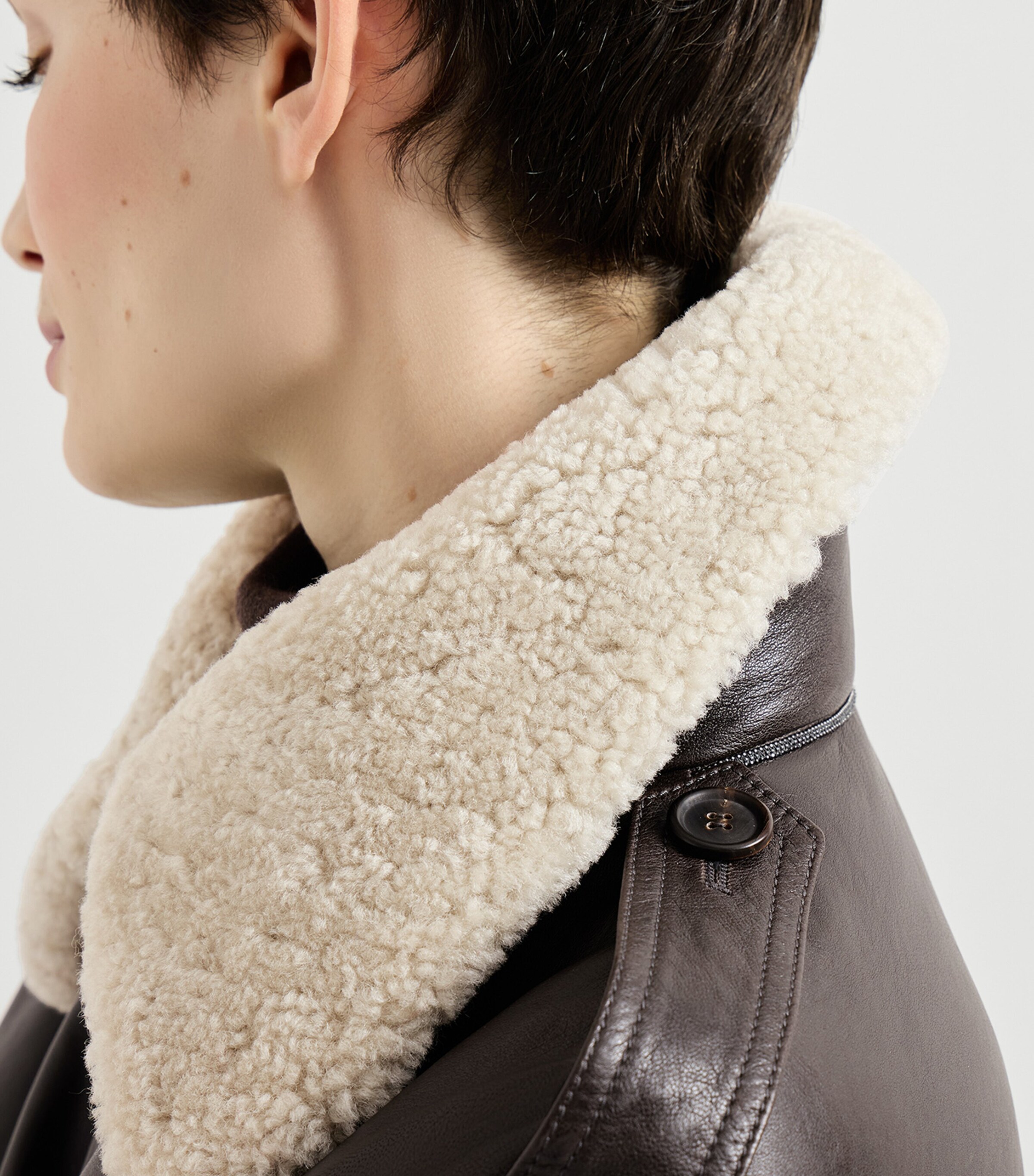 Brunello Cucinelli Womens Nappa Leather Shearling Collar Aviator Jacket Coffee Image 6